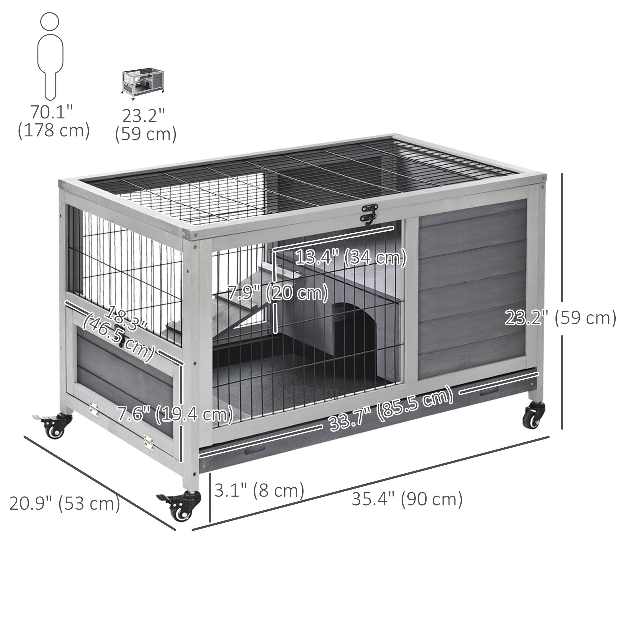 Wooden Indoor Rabbit Hutch Elevated Bunny Cage Habitat with Enclosed Run with Wheels, Suitable for Rabbits and Guinea Pigs, Grey Rabbit Hutch at Gallery Canada