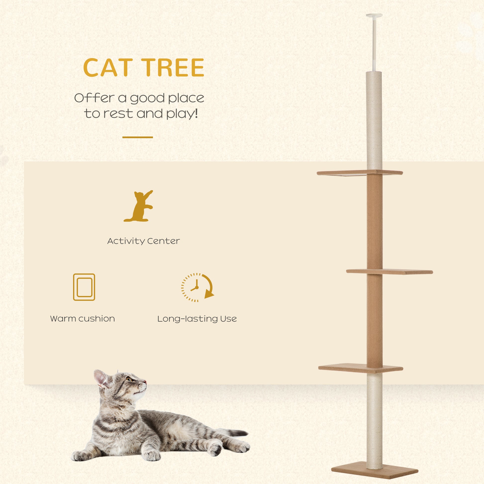 100" Floor To Ceiling Cat Tree w/ 3 Perches Activity Center for Kittens Cat Tower Furniture, Brown Floor to Ceiling Cat Trees at Gallery Canada