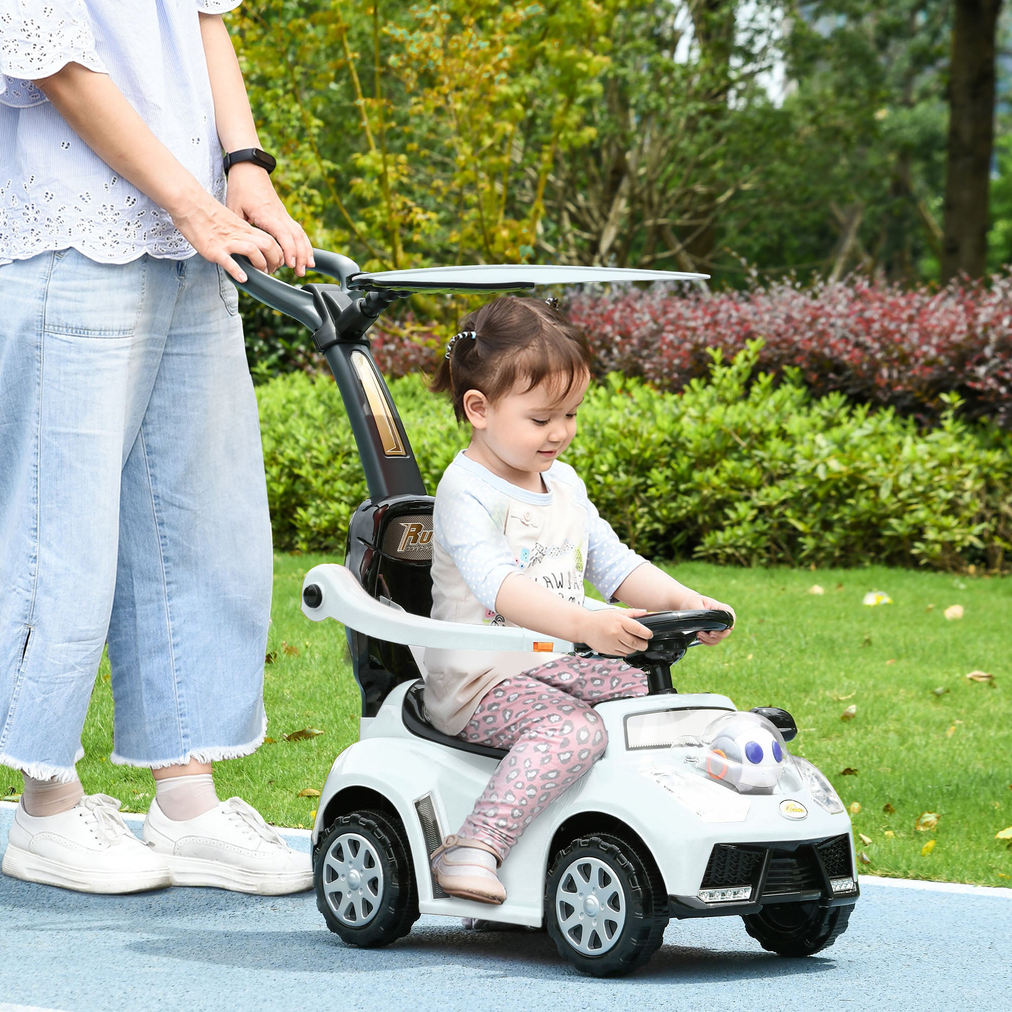 3 in 1 Kids Push Car Toddler Sliding Car, Foot to Floor Design with Music, Light, Handle, Removable Canopy, White Push Cars for Toddlers at Gallery Canada