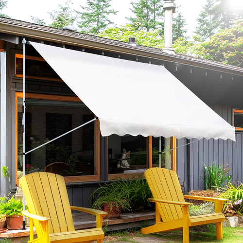 10x5ft Manual Retractable Awning, Patio Sun Shade Canopy Shelter with 5.6-9.2ft Support Pole, Water Resistant UV Protector, for Window, Door, Porch, Deck, White