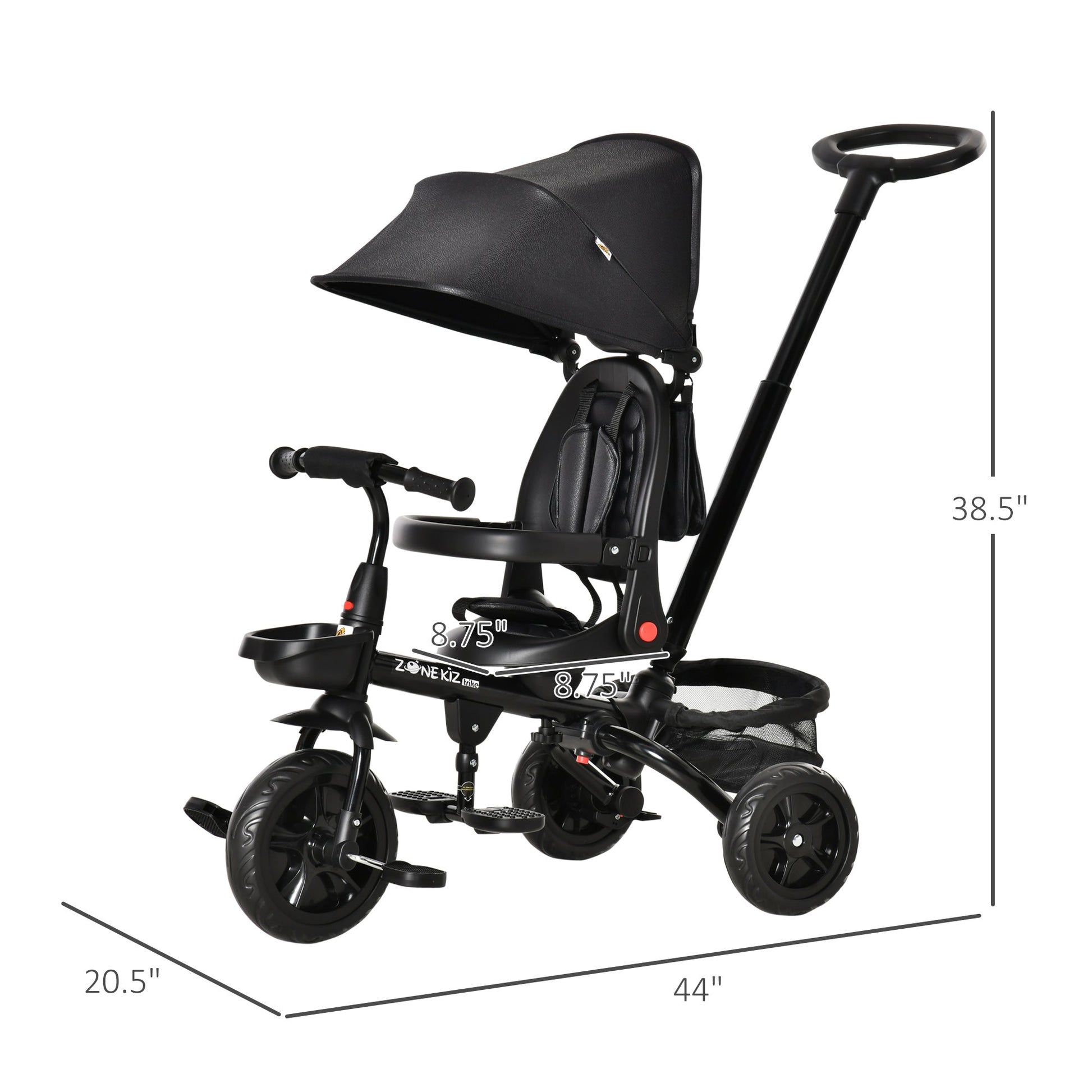 4-in-1 Baby Tricycle with Adjustable Seat, Handle, Canopy, Storage, Black Tricycles for Kids   at Gallery Canada