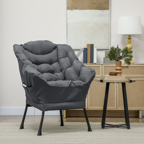 Modern Accent Chair, Armchair with Side Pockets and Solid Steel Legs, Comfy Reading Chair for Living Room, Bedroom, Grey