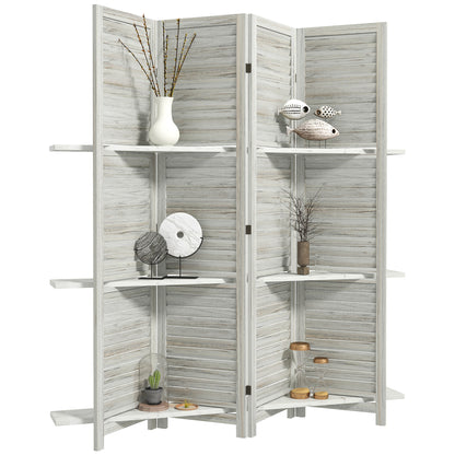 4-Panel Wall Partition Room Separator with 3 Storage Shelves Foldable Design Wooden Frame 5.6FT Distressed White Room Dividers at Gallery Canada