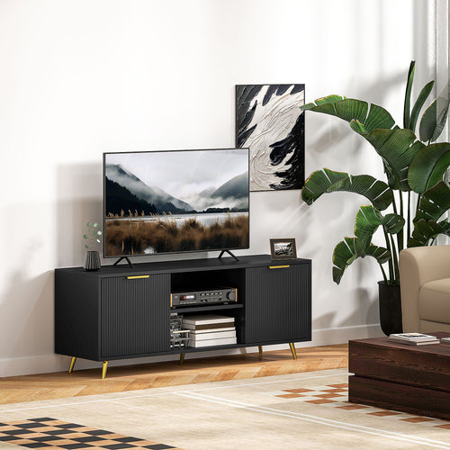 TV Stand with Storage for 55 Inch TV, Modern TV Cabinet with 2 Open Shelves and 2 Cabinets for Living Room, Black