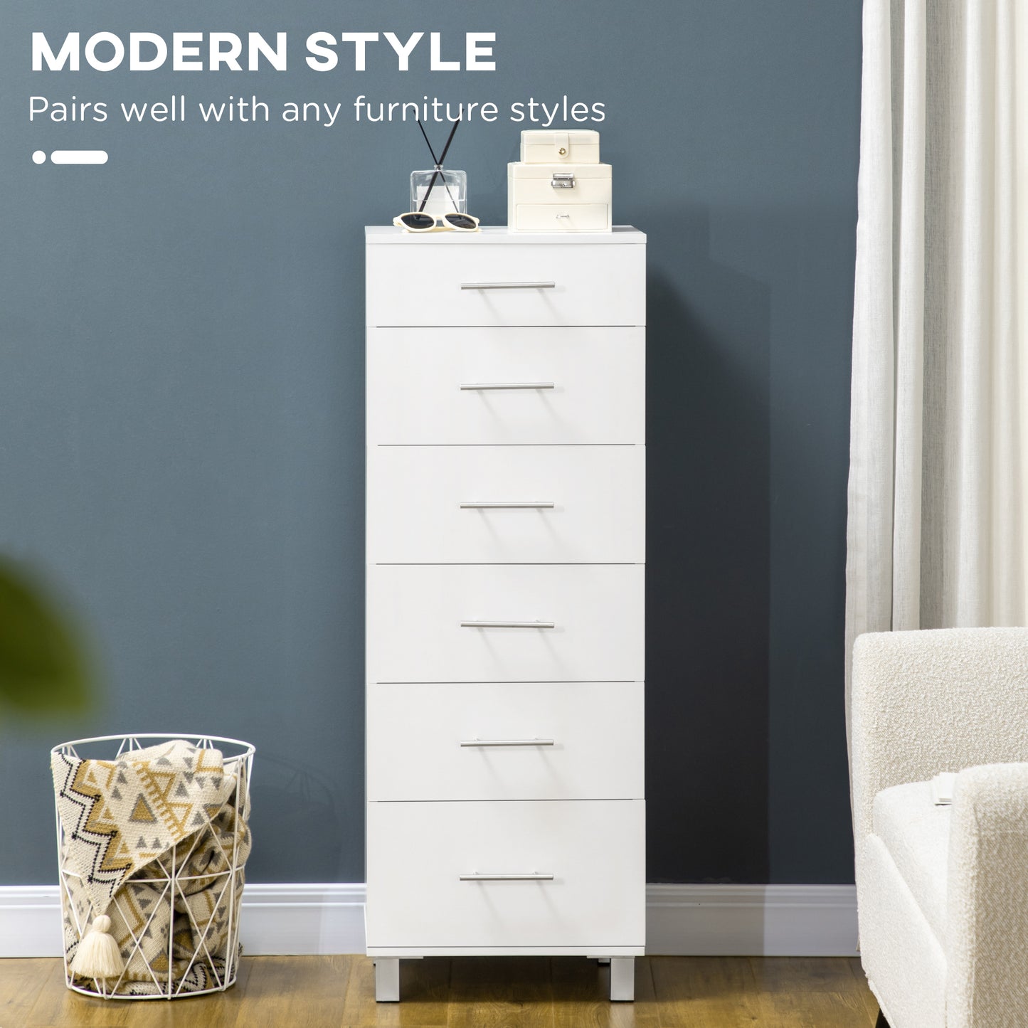 Chest of Drawers, Dresser with 6 Drawers for Bedroom, 6 Drawer Dresser for Living Room, White Storage Cabinets   at Gallery Canada