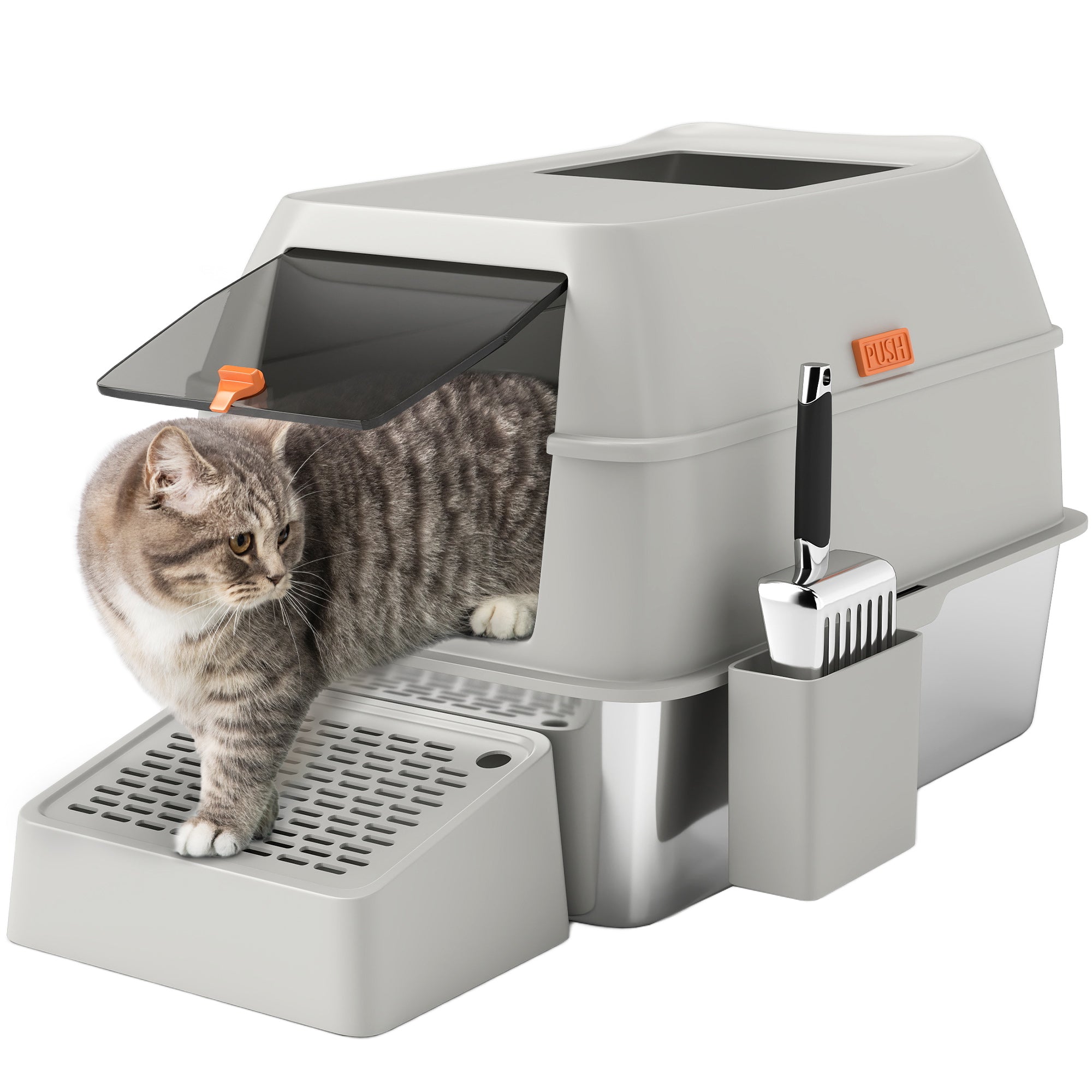 Stainless Steel Cat Litter Box with Lid, High Sided, Scoop, Easy Clean, Non-Sticky &; Anti-Leakage, Light Grey Cat Litter Box Enclosures at Gallery Canada