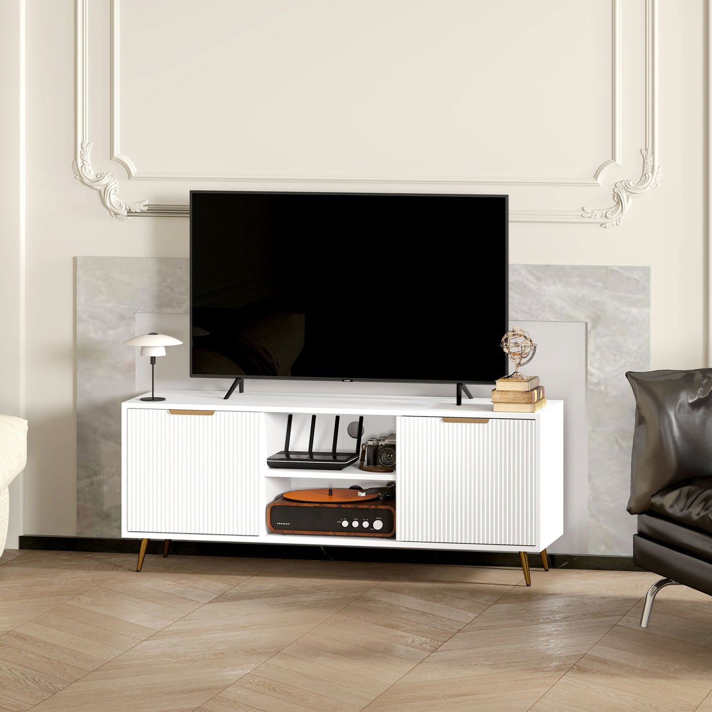 TV Stand with Storage for 55 Inch TV, Modern TV Cabinet with 2 Open Shelves and 2 Cabinets for Living Room, White TV Stands at Gallery Canada