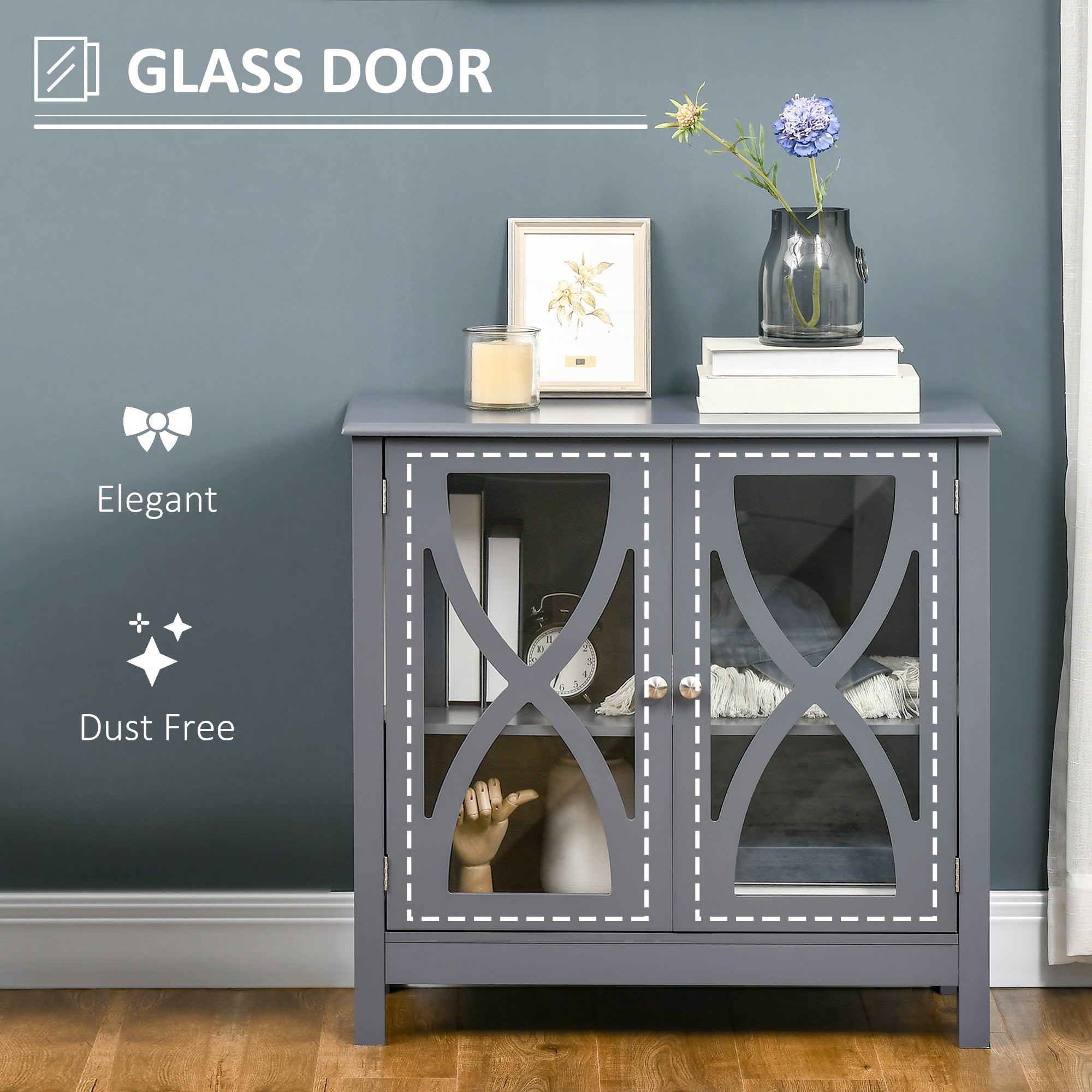 Kitchen Sideboard, Glass Door Buffet Cabinet, Bathroom Storage Cabinet with Adjustable Storage Shelf for Dining Room, Living Room, Grey Bar Cabinets at Gallery Canada