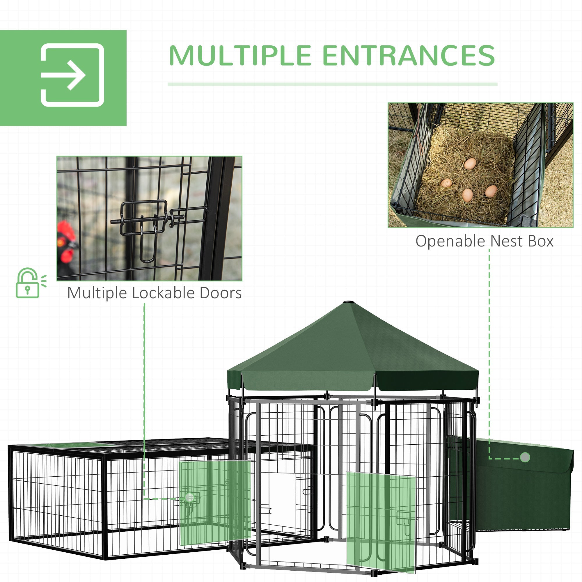 Heavy Duty Steel Chicken Coop with Canopy, Nesting Box, Lockable Doors, Green Chicken Coops   at Gallery Canada