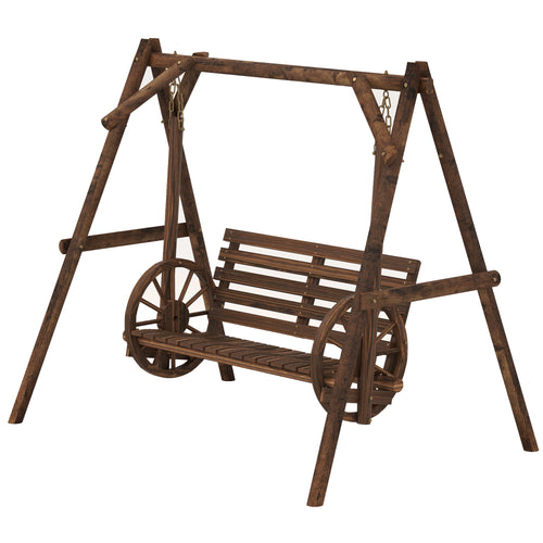 Patio Swing Chair with A-Frame Stand, 2 Seat Wooden Porch Swing for Garden, Poolside, Backyard, Carbonized Brown