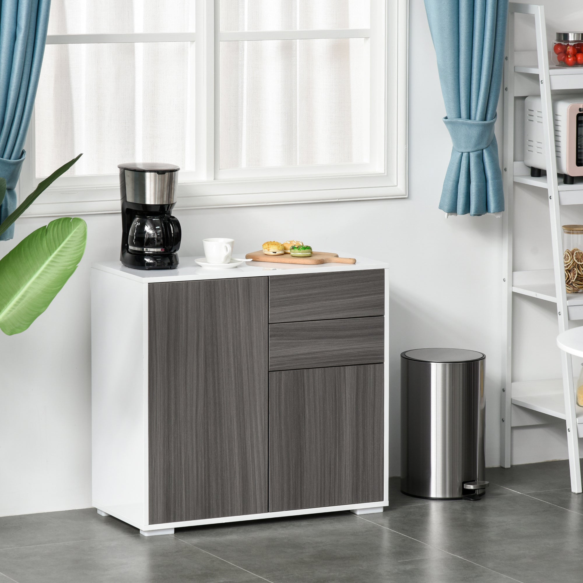 High Gloss Buffet Sideboard with 2 Drawers, 2 Doors and Adjustable Shelf, Kitchen Storage Cabinet with Push Open Design, Grey and White Storage Cabinets   at Gallery Canada