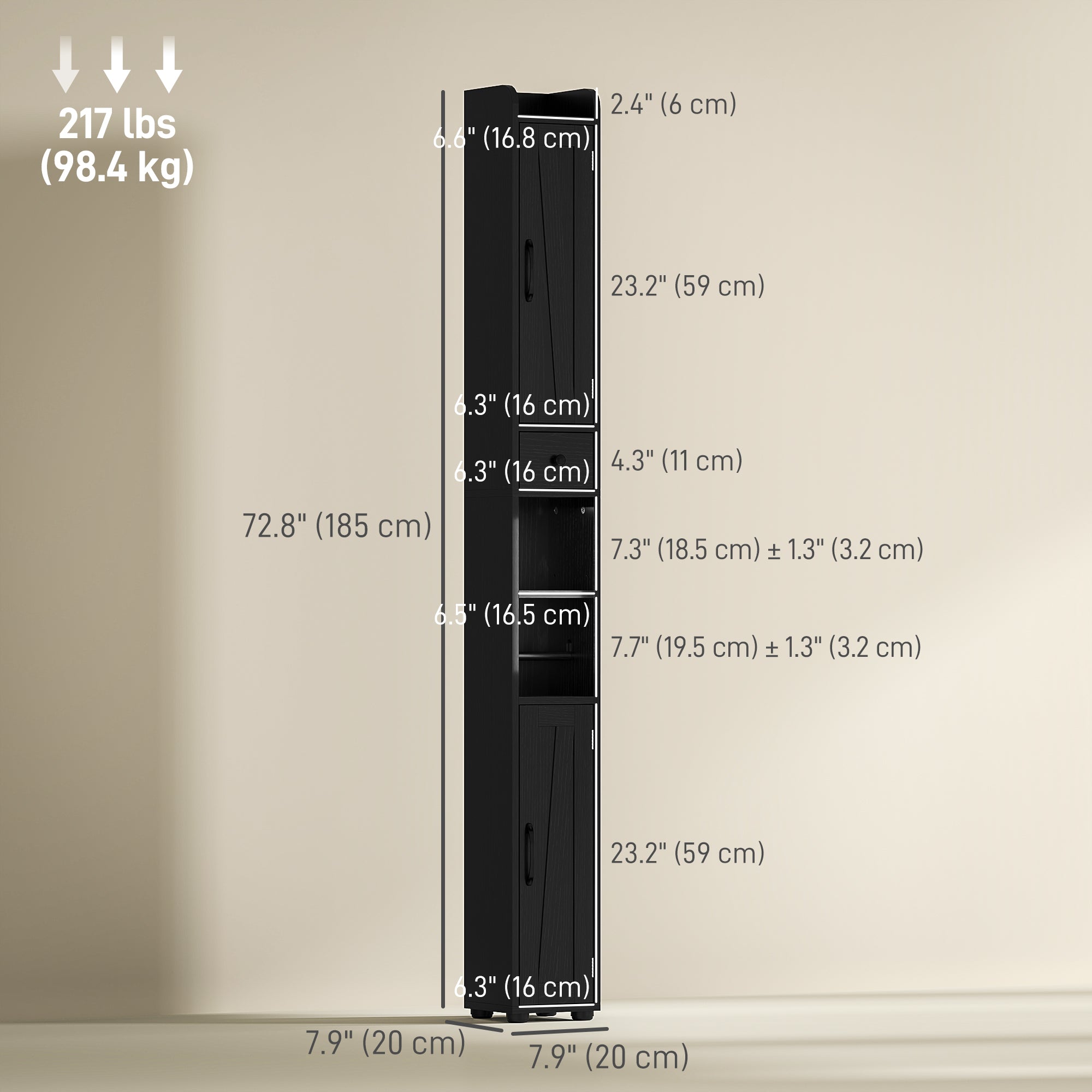 Narrow Bathroom Cabinet, Tall Bathroom Storage Cabinet with Barn Doors, Drawer and Adjustable Shelves, Black Wood Grain Bathroom Cabinets at Gallery Canada