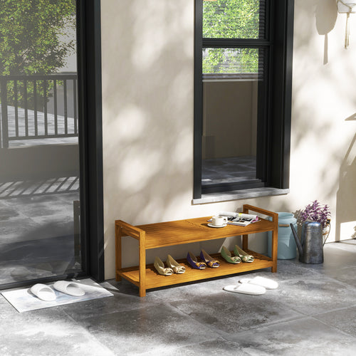 Garden Stool with Storage Shelf, Slatted Seat for Indoor Conservatory, Garden, Poolside, Deck, Teak