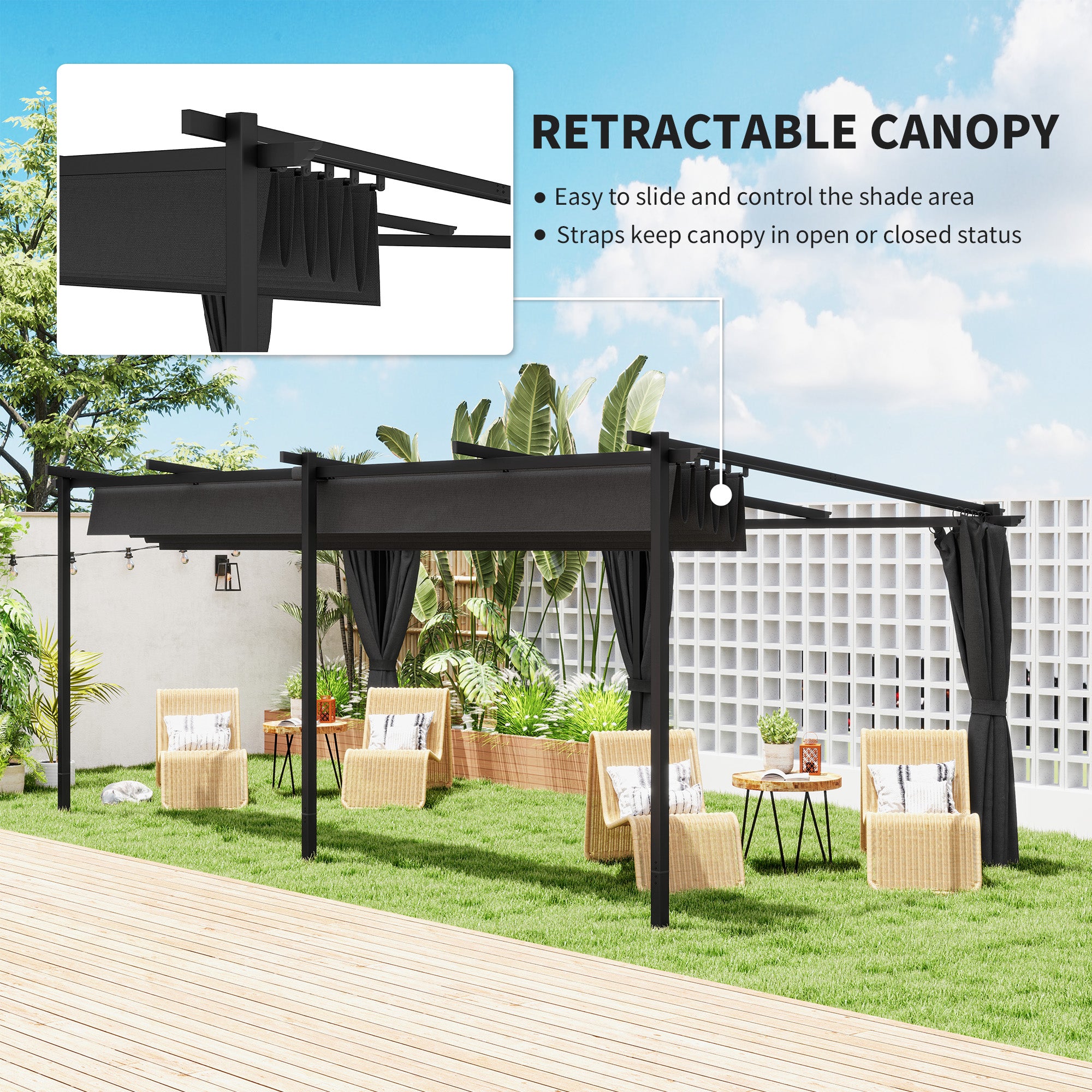 10' x 20' Metal Retractable Pergola Canopy with Sidewalls, Outdoor Gazebo UPF30+ Sun Shade Shelter for Garden, Deck Pergolas at Gallery Canada