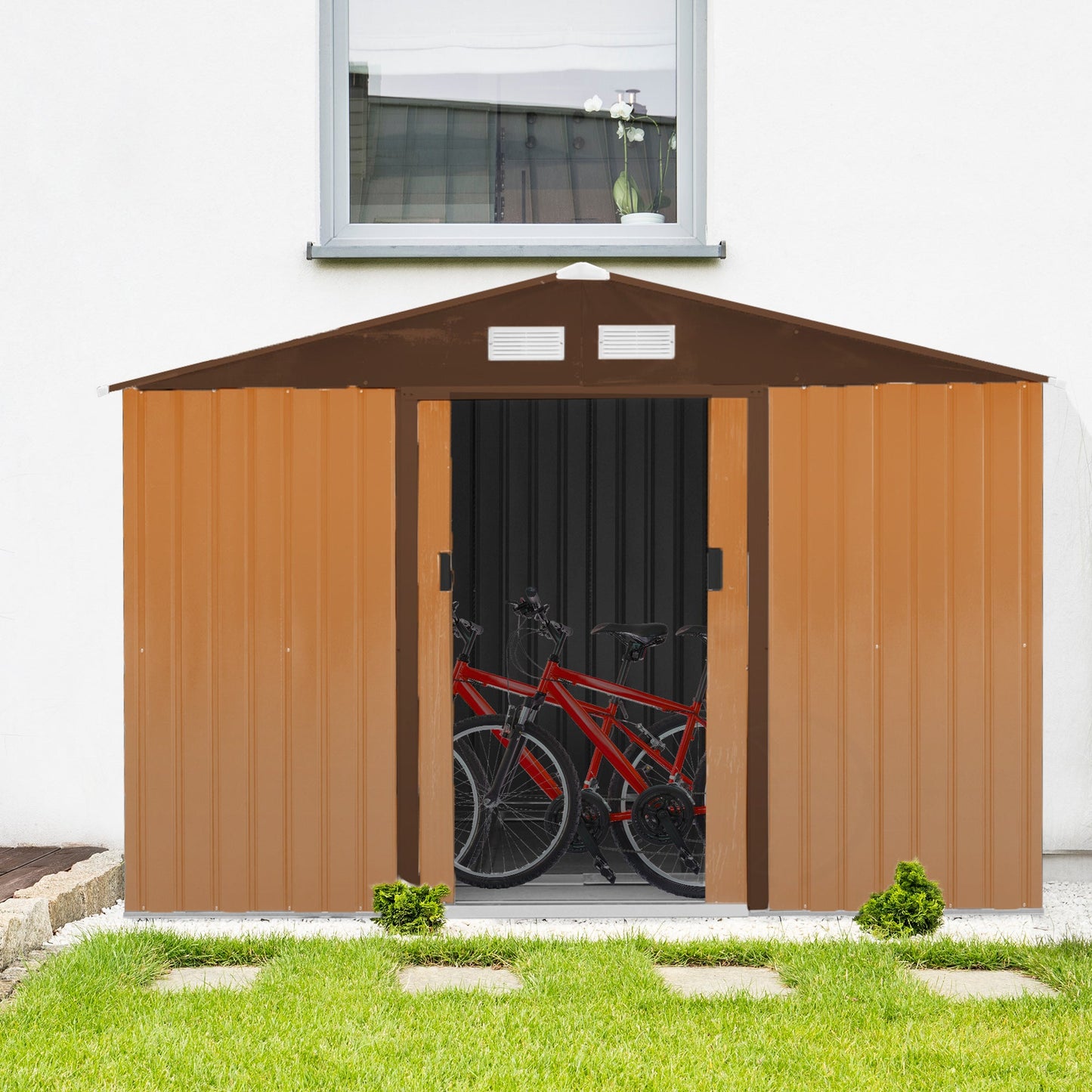 9.1' x 6.4' x 6.3 Garden Storage Shed w/Floor Foundation Outdoor Patio Yard Metal Tool Storage House w/ Double Doors Yellow Sheds   at Gallery Canada