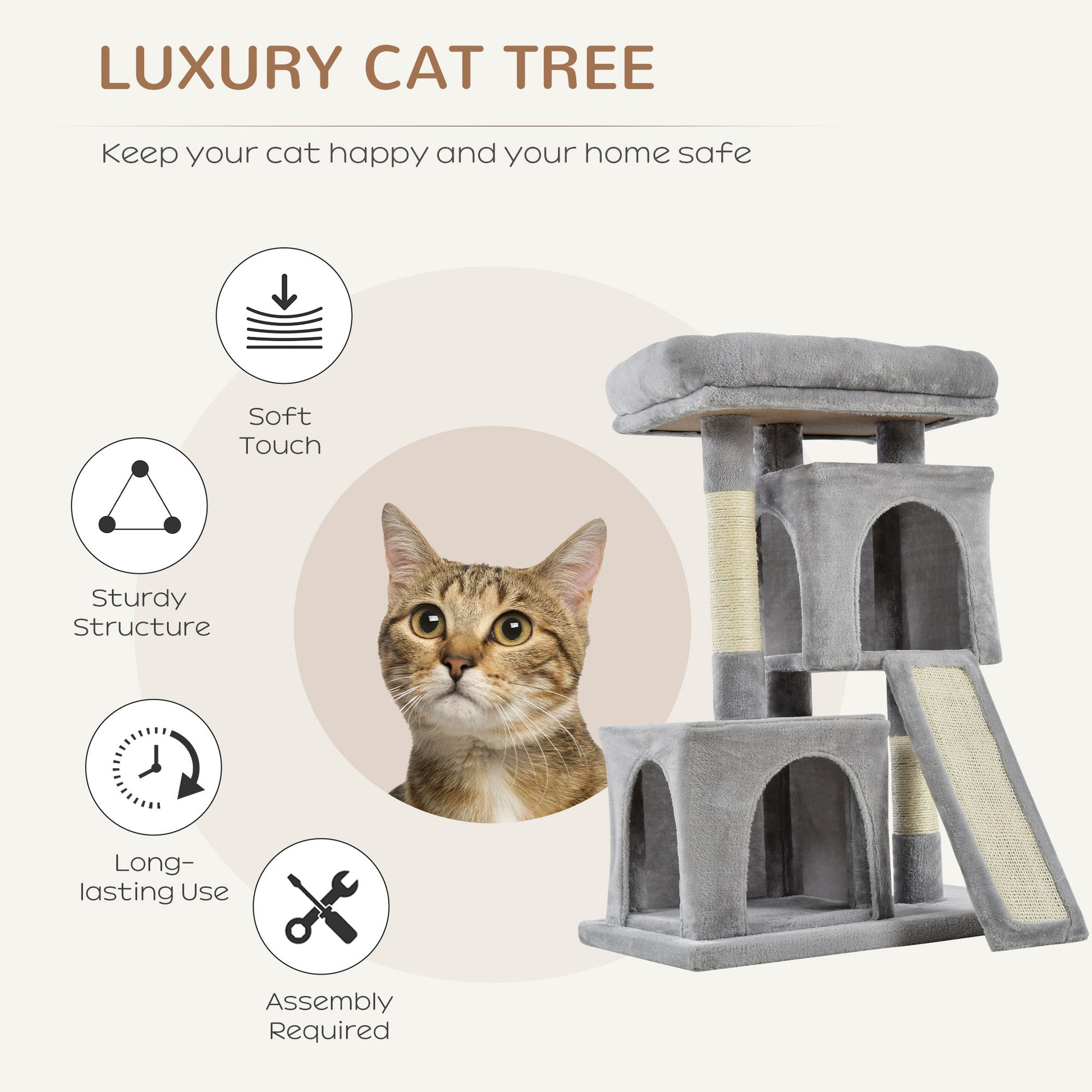 Plush Cat Tree Tower Activity Center with Sisal Scratching Post Scratching Board Perch Condo, Light Grey Cat Posts   at Gallery Canada