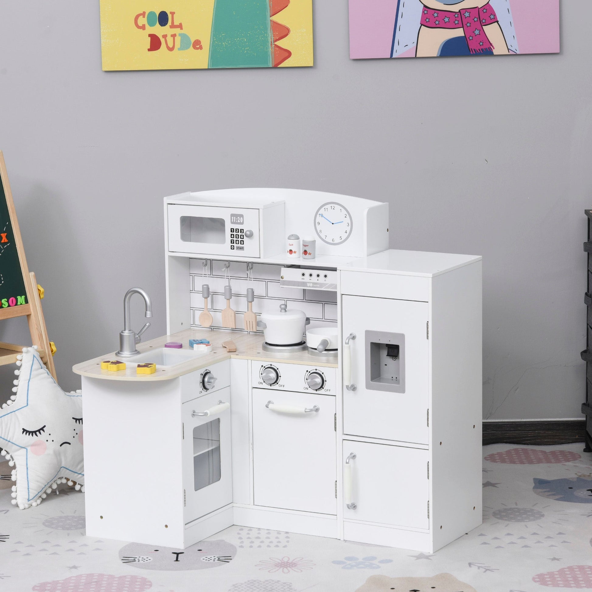 Toy Cooking Set White Kids Kitchen Play Set with Drinking Fountain, Microwave, and Fridge with Accessories White Play Kitchen   at Gallery Canada