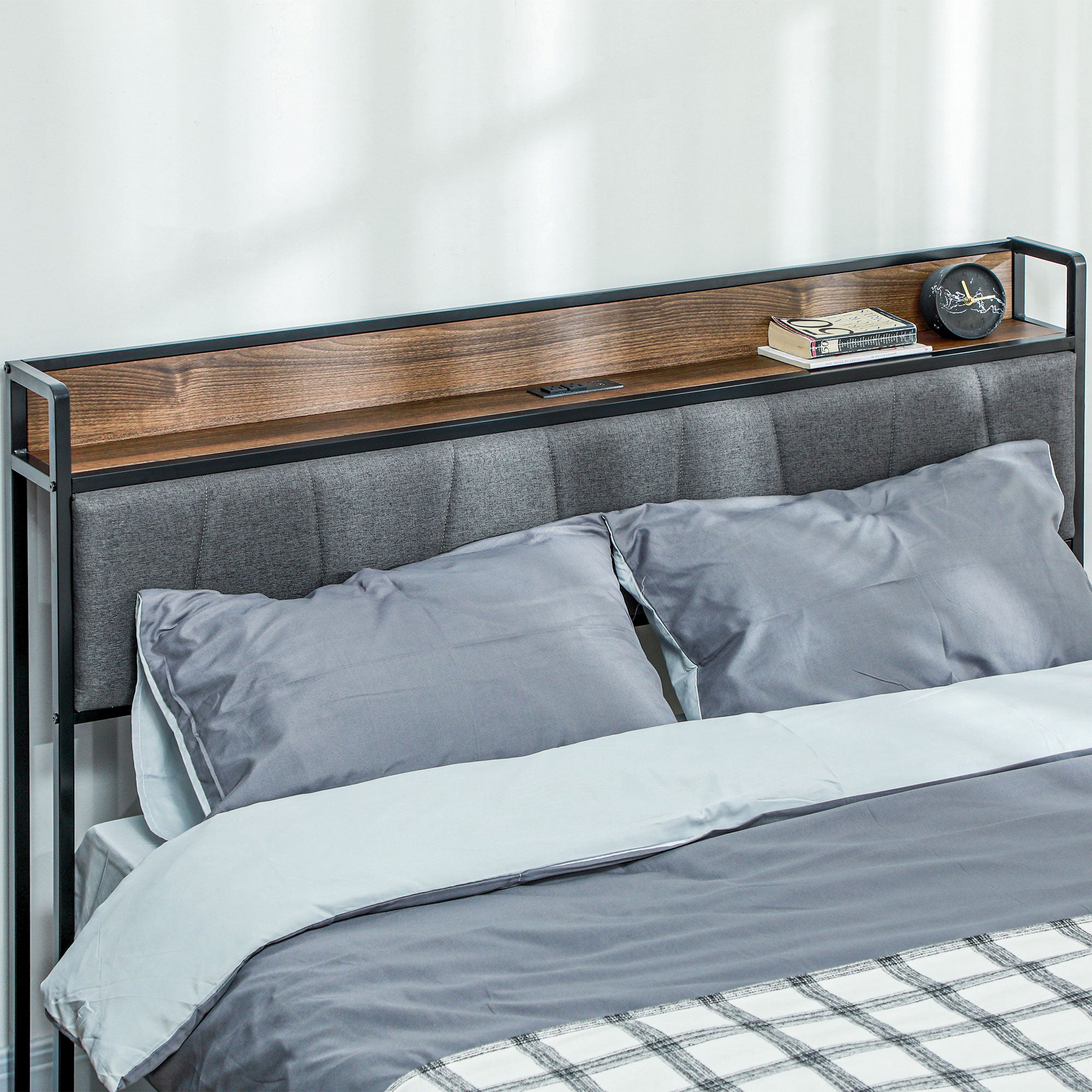 Queen Size Bed Frame with Charging Station, Queen Bed Frame with Upholstered Headboard and Storage Shelf, Walnut Bedroom Furniture   at Gallery Canada