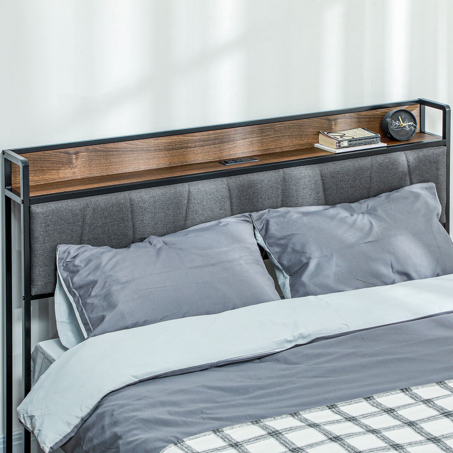 Queen Size Bed Frame with Charging Station, Queen Bed Frame with Upholstered Headboard and Storage Shelf, Walnut Bedroom Furniture   at Gallery Canada