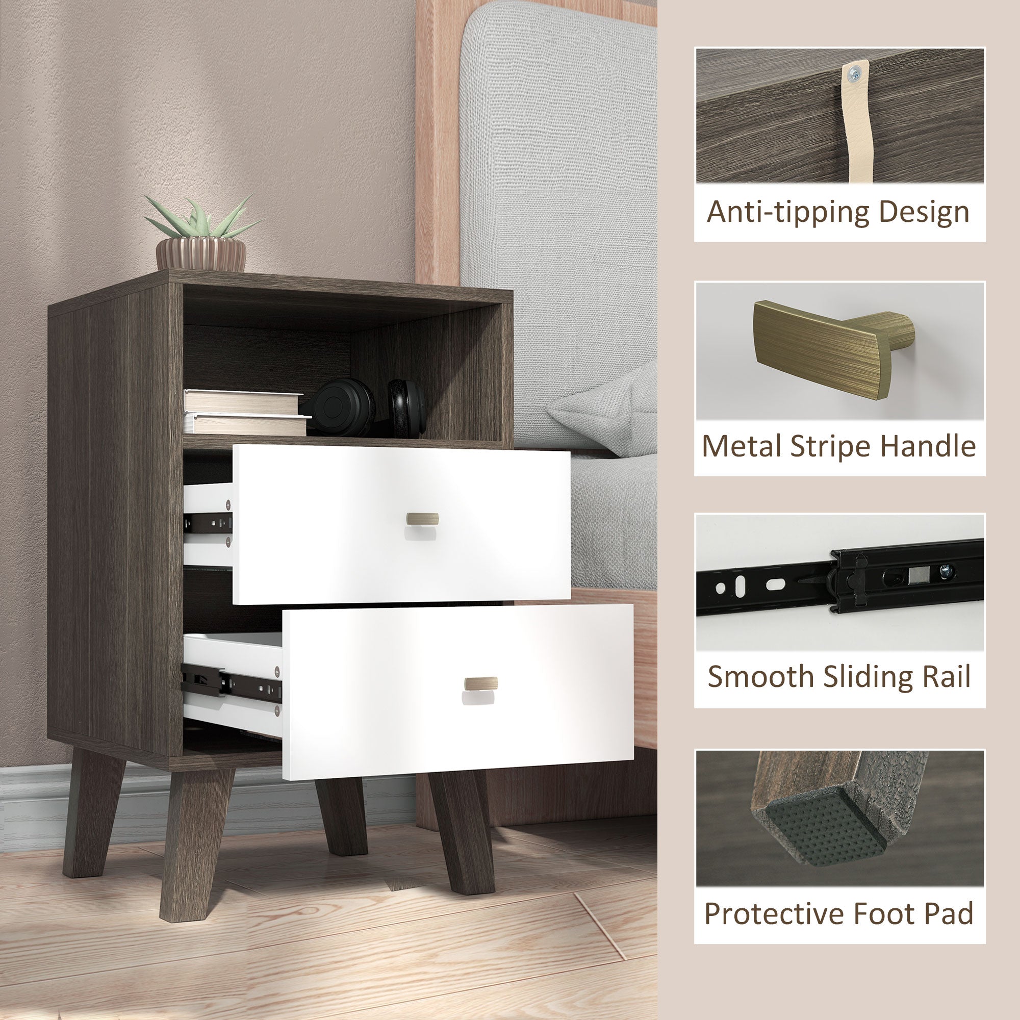Nightstand Set of 2, Modern Bedside Table, Night Stand for Living Room with 3 Drawers and Open Storage, Grey Bedside Tables at Gallery Canada