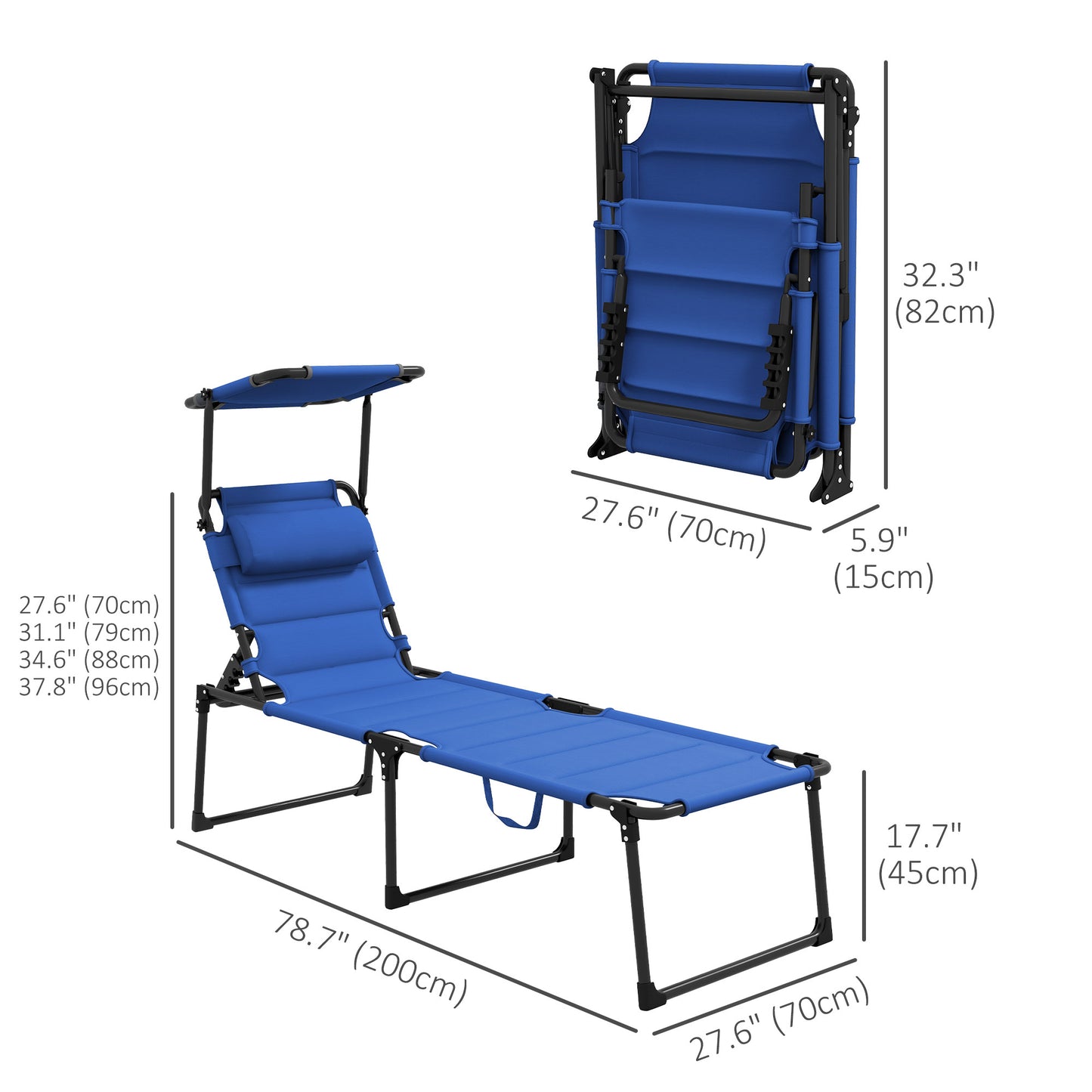 Folding Chaise Lounge with Adjustable Sun Visor, Padded Tanning Chairs with Headrest, Outdoor Chair, for Beach, Yard, Patio, Blue Lounger Chairs   at Gallery Canada