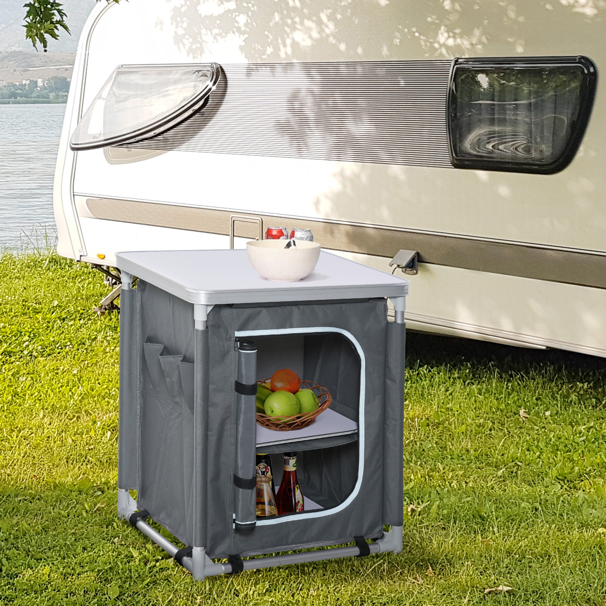 Camping Kitchen Station, Aluminum Camping Table Cook Cupboard with 2-Shelf and Carrying Bag for BBQ Party Picnics, Grey Picnic Tables & Camping Chairs at Gallery Canada