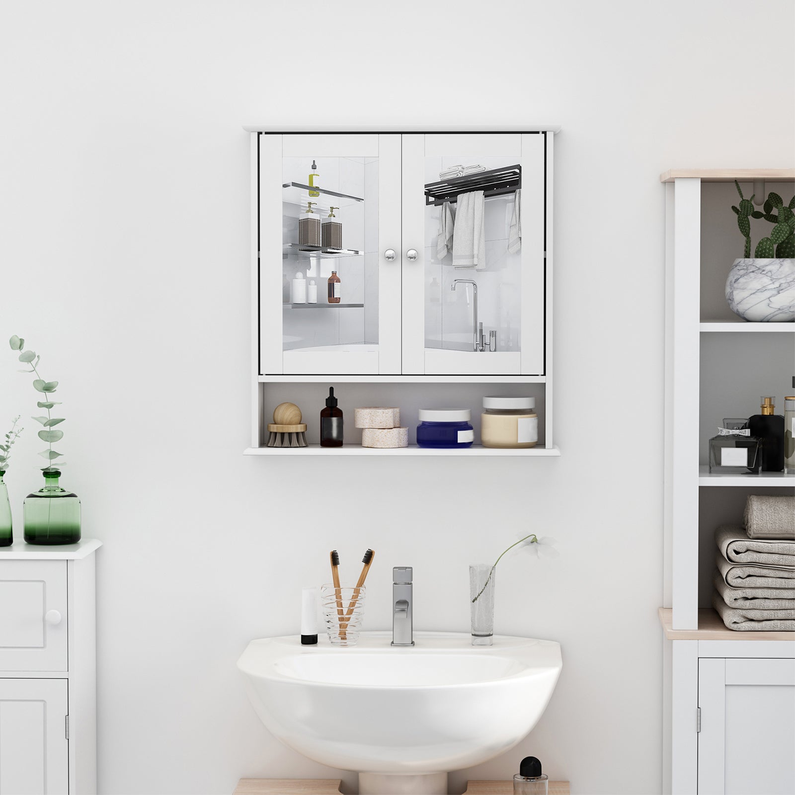 Medicine Cabinet, Wall-Mounted Bathroom Mirror Cabinet with Double Doors, Open Shelf, and Adjustable Shelf, Modern Bathroom Wall Cabinet, White Mirror Medicine Cabinets at Gallery Canada