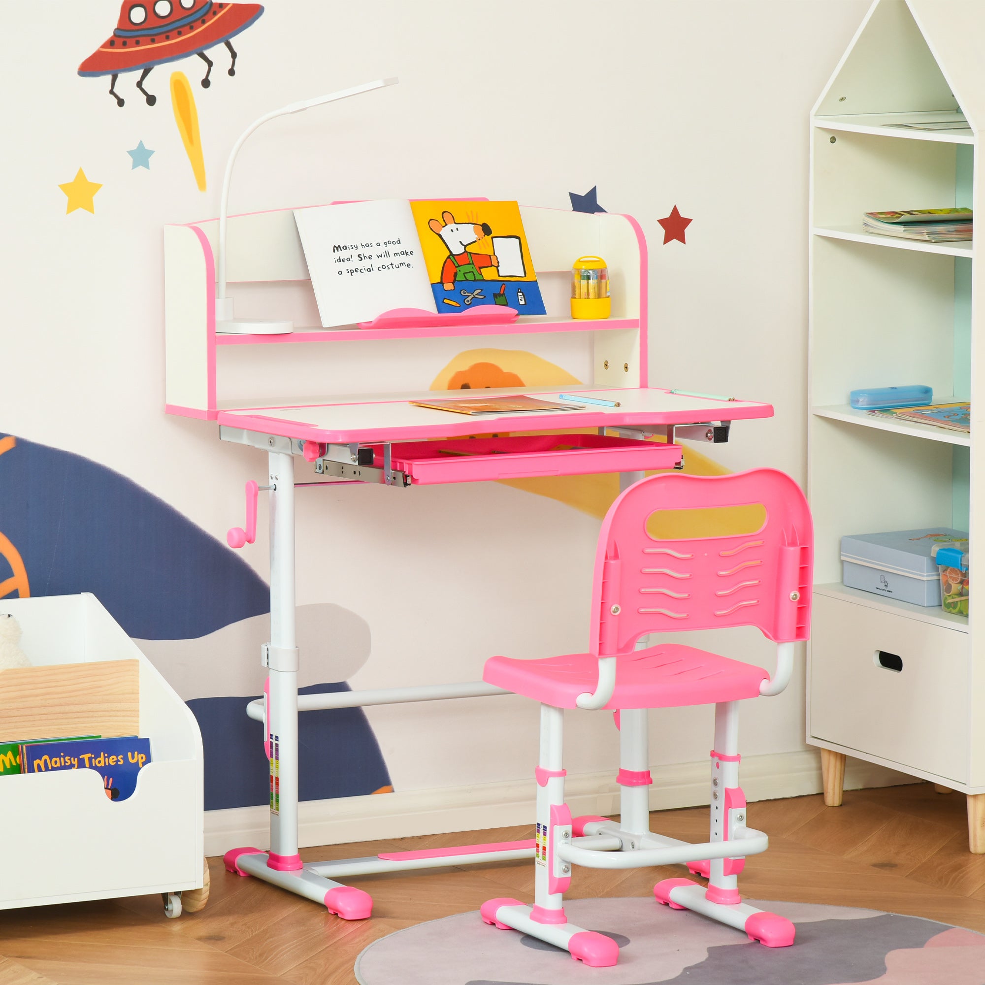 Kids Desk and Chair Set Height Adjustable Student Writing Desk Children School Study Table with LED Lamp, Bookshelf, Drawer, Reading Board, Pen Slot, Hook, Pink Kids Desk Sets at Gallery Canada