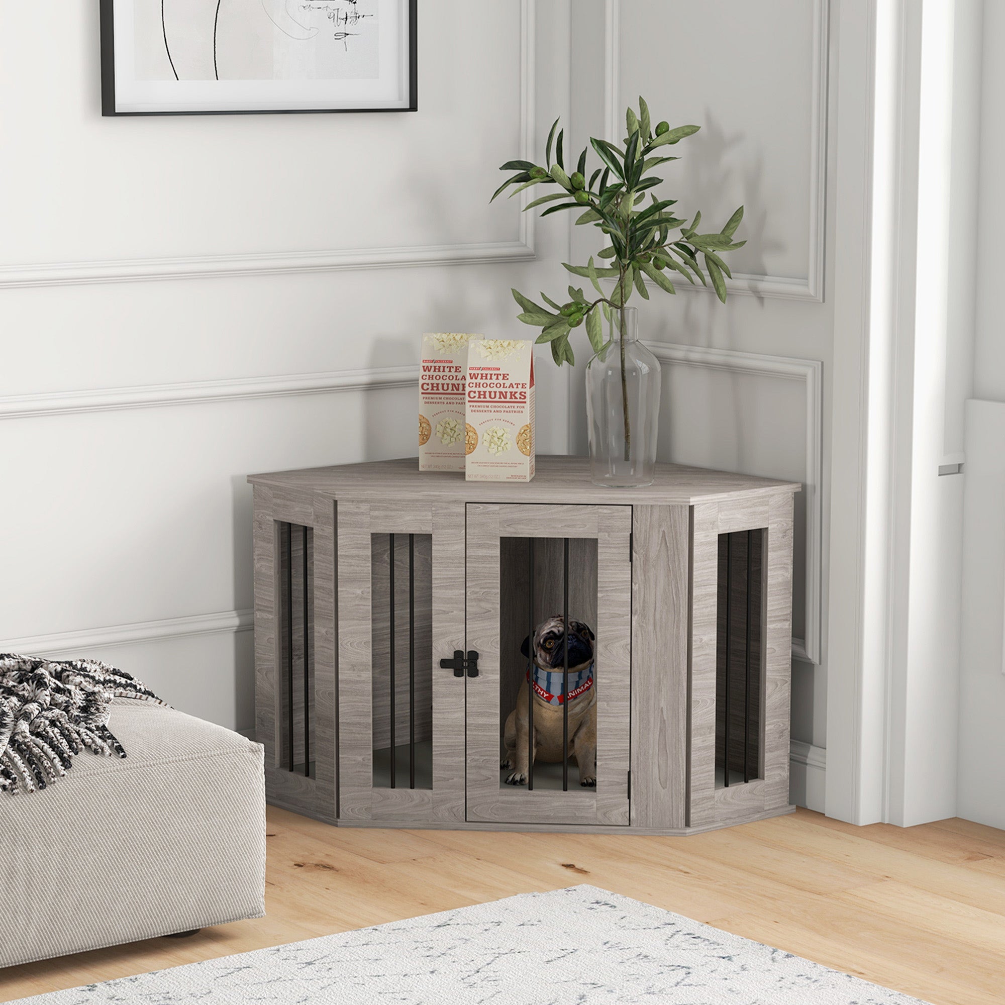 Dog Crate Furniture with Cushion, 41 Inch Conner Design Dog Crate End Table for Medium Dogs, Walnut Brown Houses, Kennels & Pens   at Gallery Canada