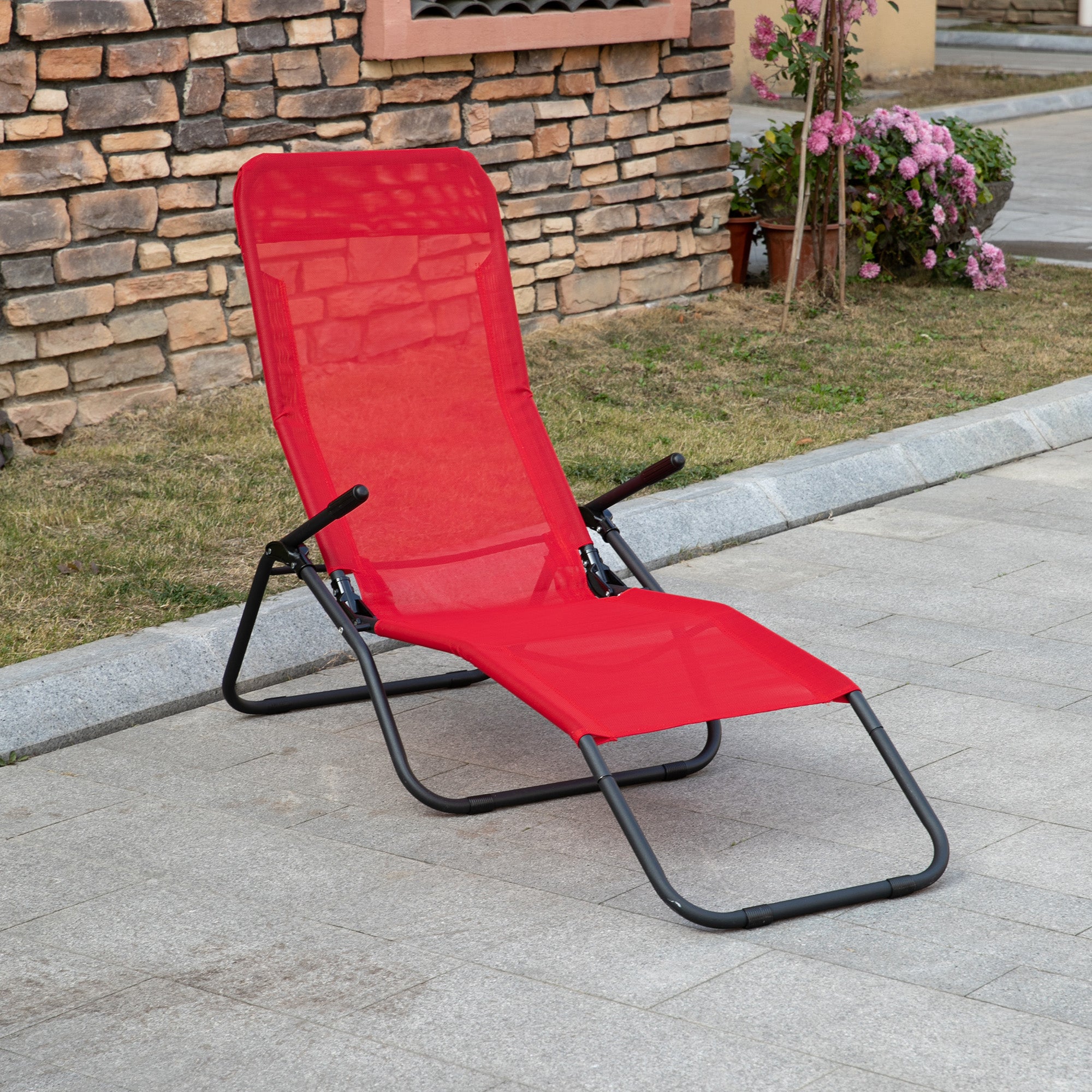 Foldable Patio Lounge Chair, Outdoor Beach Lounger with Breathable Mesh Fabric, Zero Gravity Chair with Reclining, Footrests, and Armrests, for Garden, Pool, Red Lounger Chairs at Gallery Canada