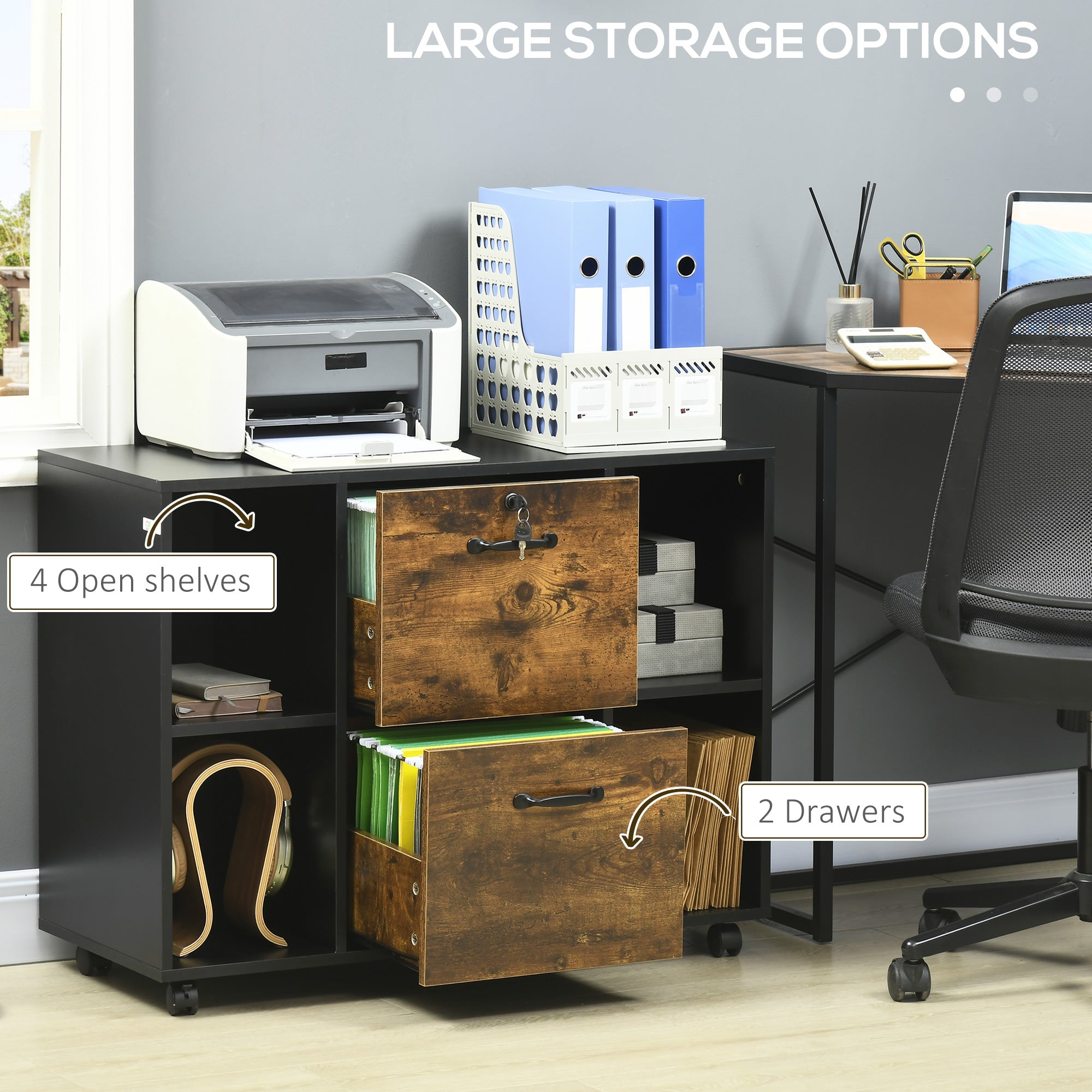 Lateral Filing Cabinet with Wheels and Lockable Drawer, File Cabinet, Mobile Printer Stand with Open Shelves for Letter and A4 Size Documents, Rustic Brown Office Cabinets & Cupboards at Gallery Canada