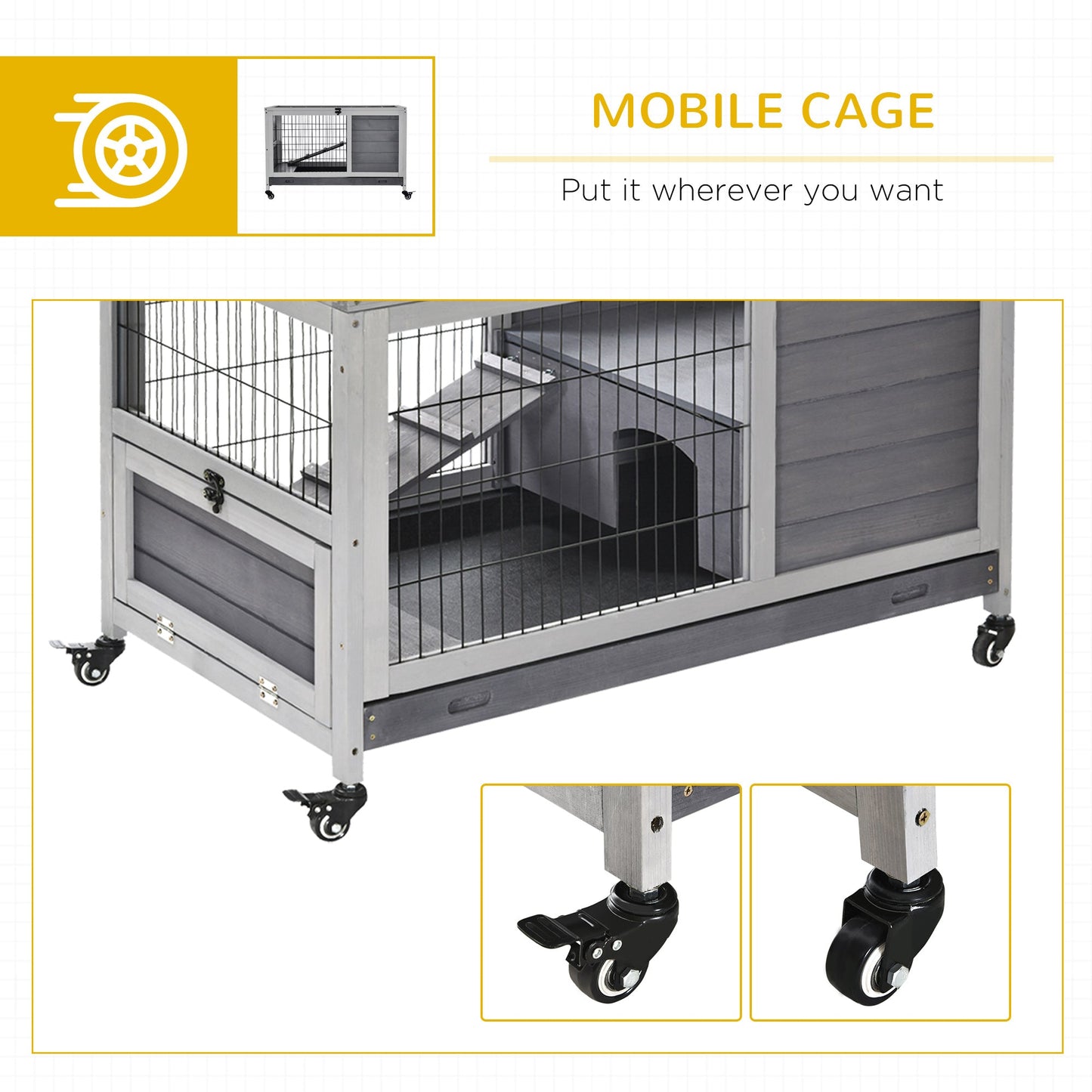 Wooden Indoor Rabbit Hutch Elevated Bunny Cage Habitat with Enclosed Run with Wheels, Ideal for Rabbits and Guinea Pigs, Grey Rabbit Hutch   at Gallery Canada