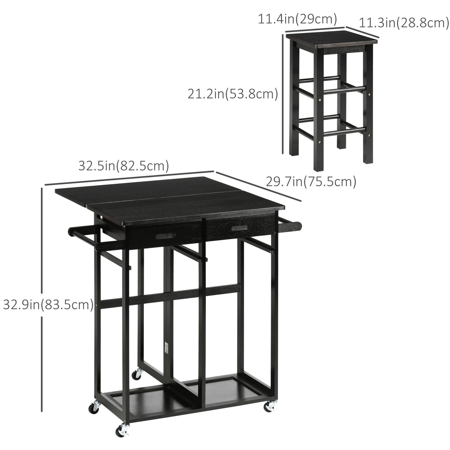 Bamboo Breakfast Cart 3 Piece Kitchen Trolley with Drop Leaf Table and 2 Square Stools, Coffee Brown Kitchen Islands & Kitchen Carts   at Gallery Canada