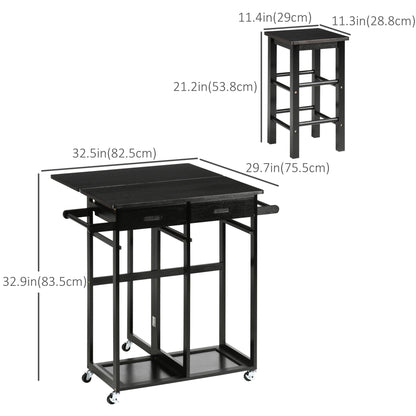 Bamboo Breakfast Cart 3 Piece Kitchen Trolley with Drop Leaf Table and 2 Square Stools, Coffee Brown Kitchen Islands & Kitchen Carts   at Gallery Canada