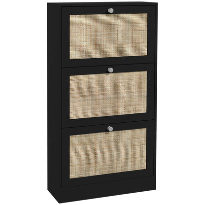 Rattan Shoe Cabinet with 3 Flip Drawers and Adjustable Shelves, Shoe Storage Cabinet for 18 Pairs of Shoes for Entryway, Hallway, Black Shoe Storage Cabinets & Racks Natural and Black  at Gallery Canada