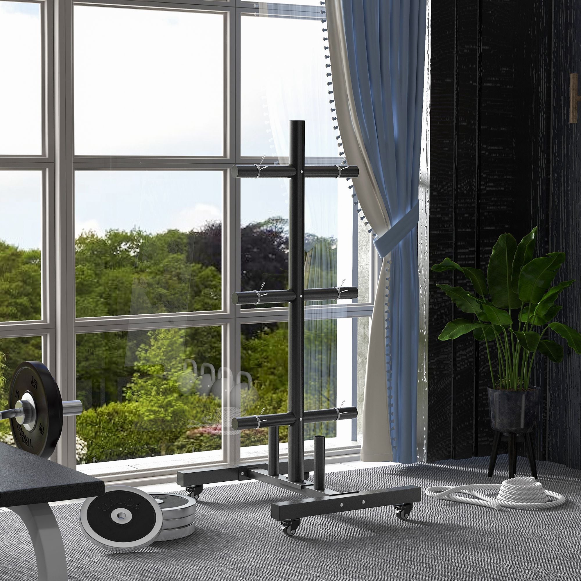 Weight Plate Rack, Bumper Plate Rack Holder for 2 inch Plates and Bars, with 4 Transport Wheels and 6 Fasten Clamps, 440 lbs Capacity More-Strength Training Equipment at Gallery Canada
