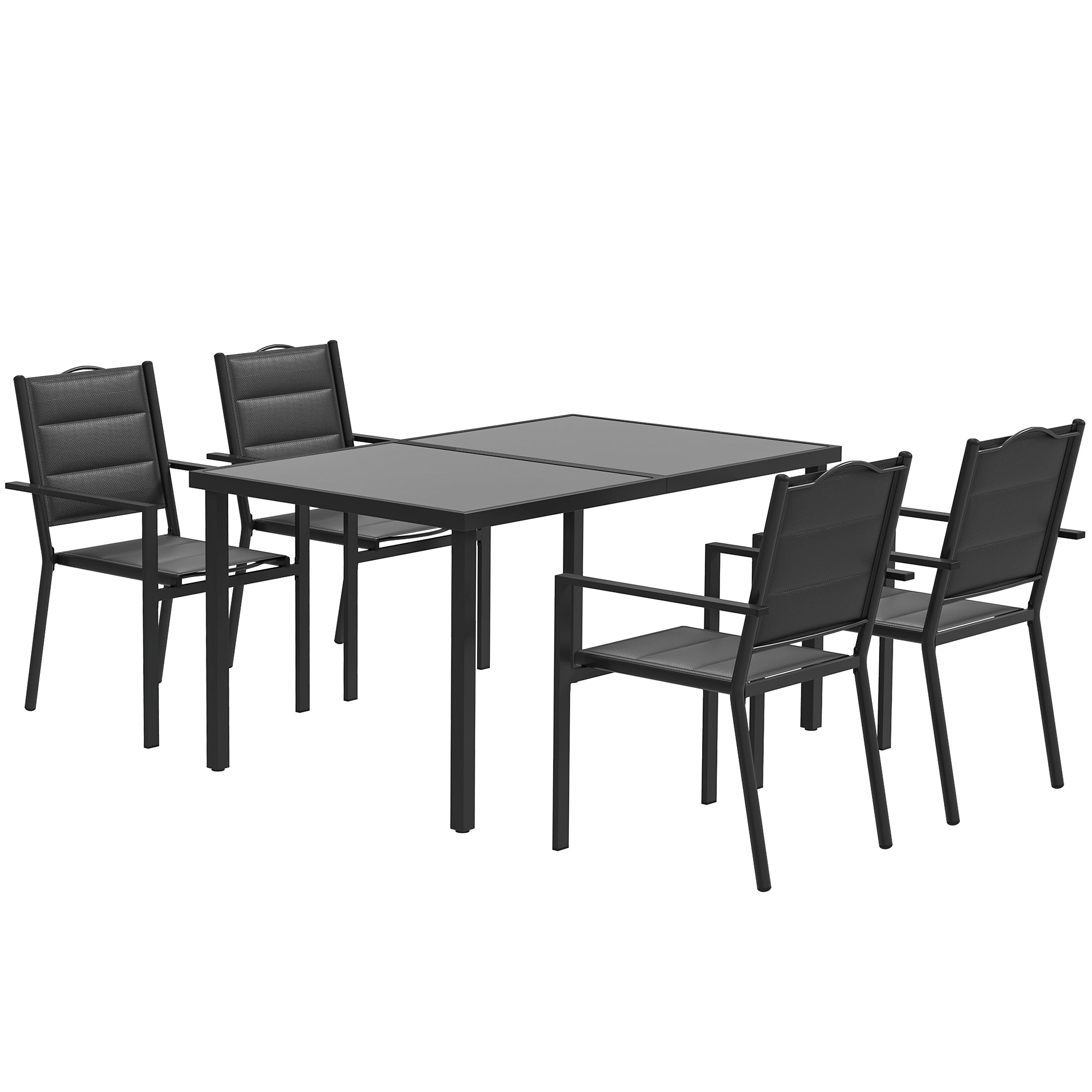 5 Piece Outdoor Dining Set w/ 4 Stackable Chairs, Rectangle Table, Tempered Glass Top, Steel Frame, Black Outdoor Dining Sets at Gallery Canada