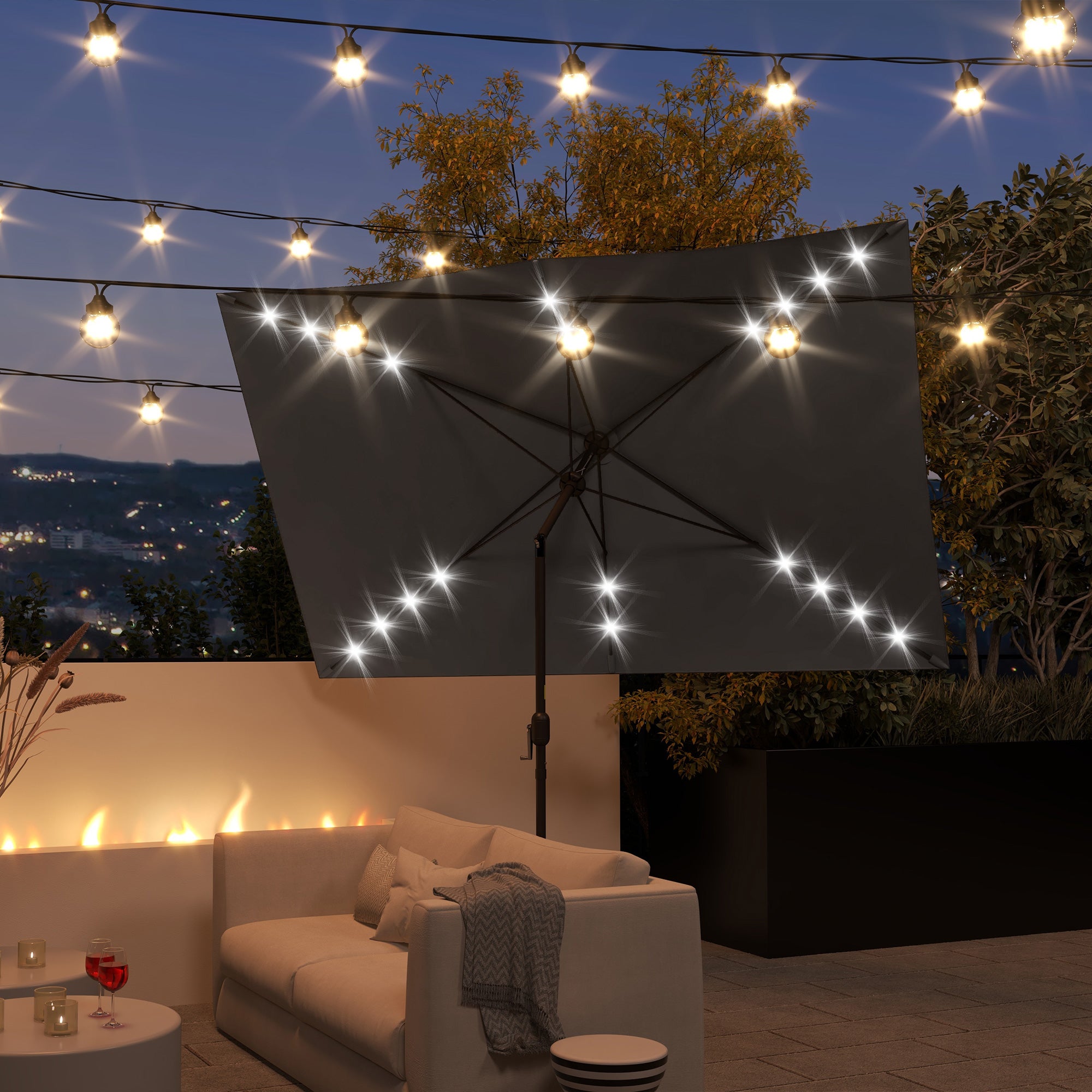 6.5x10ft Patio Umbrella Tilt Aluminum Outdoor Market Parasol with Solar Powered LEDs, Crank - Dark Grey Sun Umbrellas at Gallery Canada