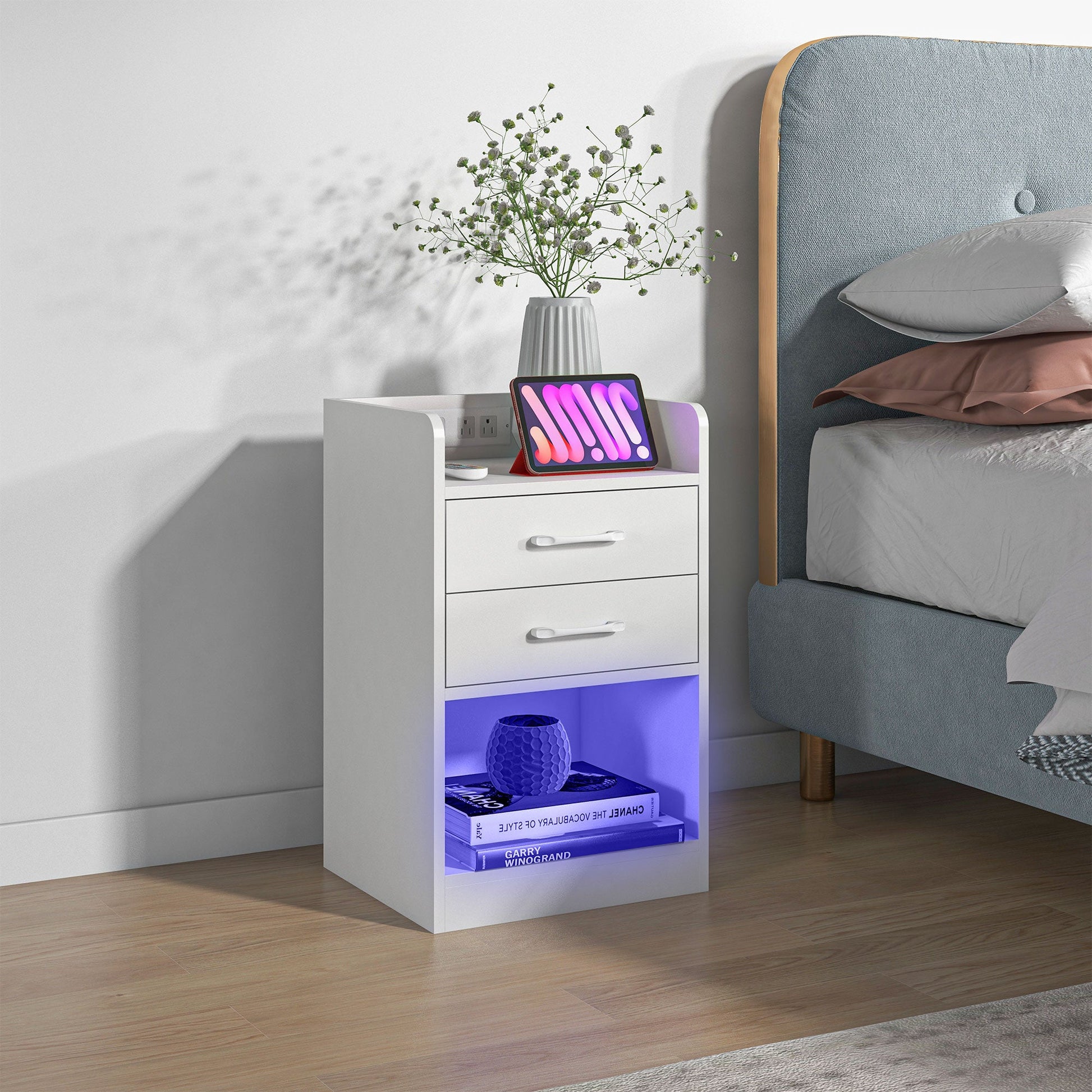 Tall Nightstand with Charging Station and LED Lights, Small Bedside Table with AC Outlets, USB Ports, 2 Drawers, Shelf Bedside Tables   at Gallery Canada