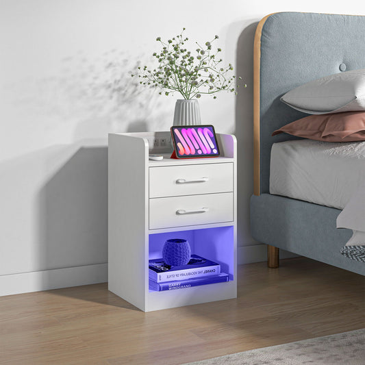 Tall Nightstand with Charging Station and LED Lights, Small Bedside Table with AC Outlets, USB Ports, 2 Drawers, Shelf - Gallery Canada