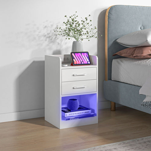 Tall Nightstand with Charging Station and LED Lights, Small Bedside Table with AC Outlets, USB Ports, 2 Drawers, Shelf