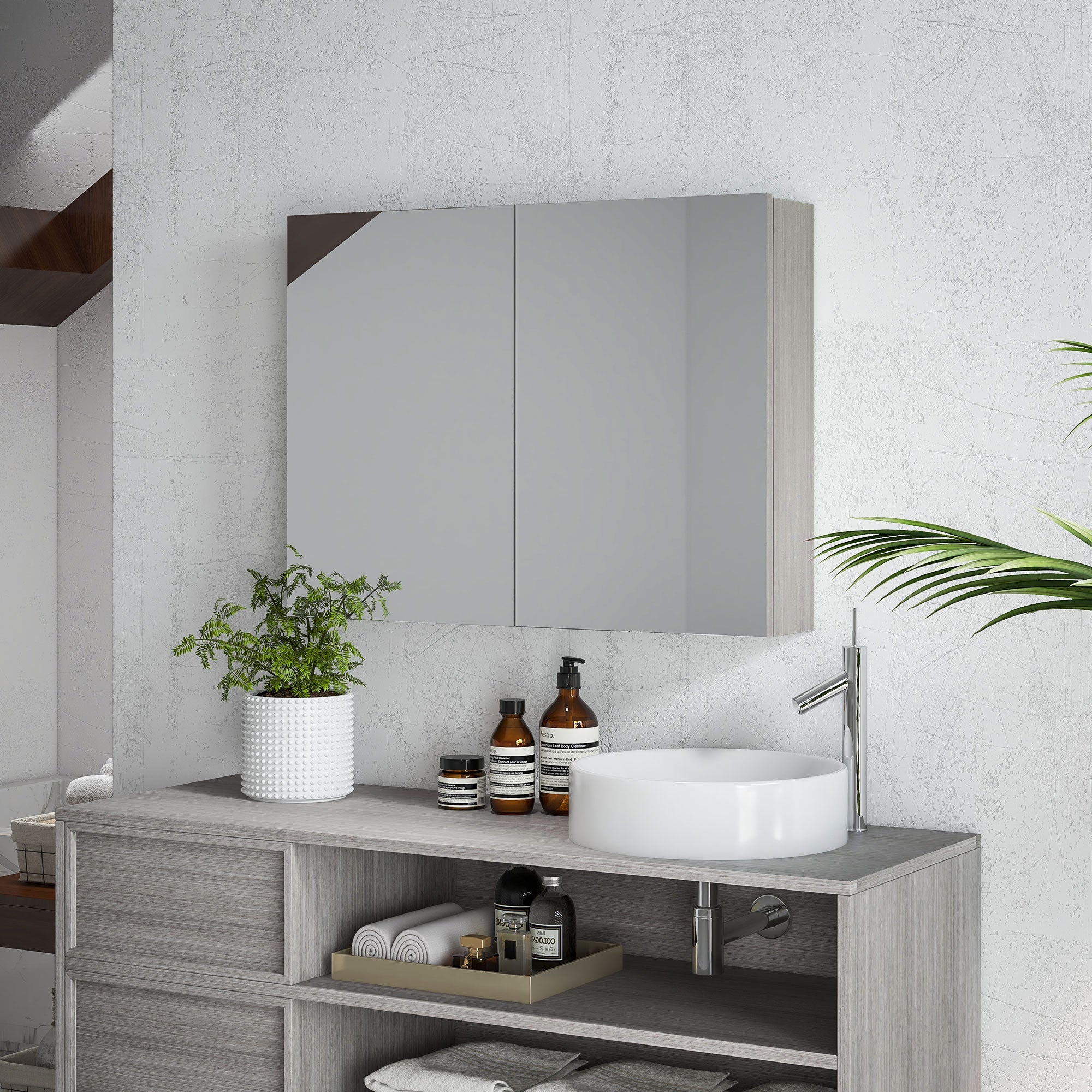 Bathroom Mirror Cabinet, Wall-Mounted Storage Organizer with Double Doors, Adjustable Shelf, Grey Mirror Medicine Cabinets at Gallery Canada