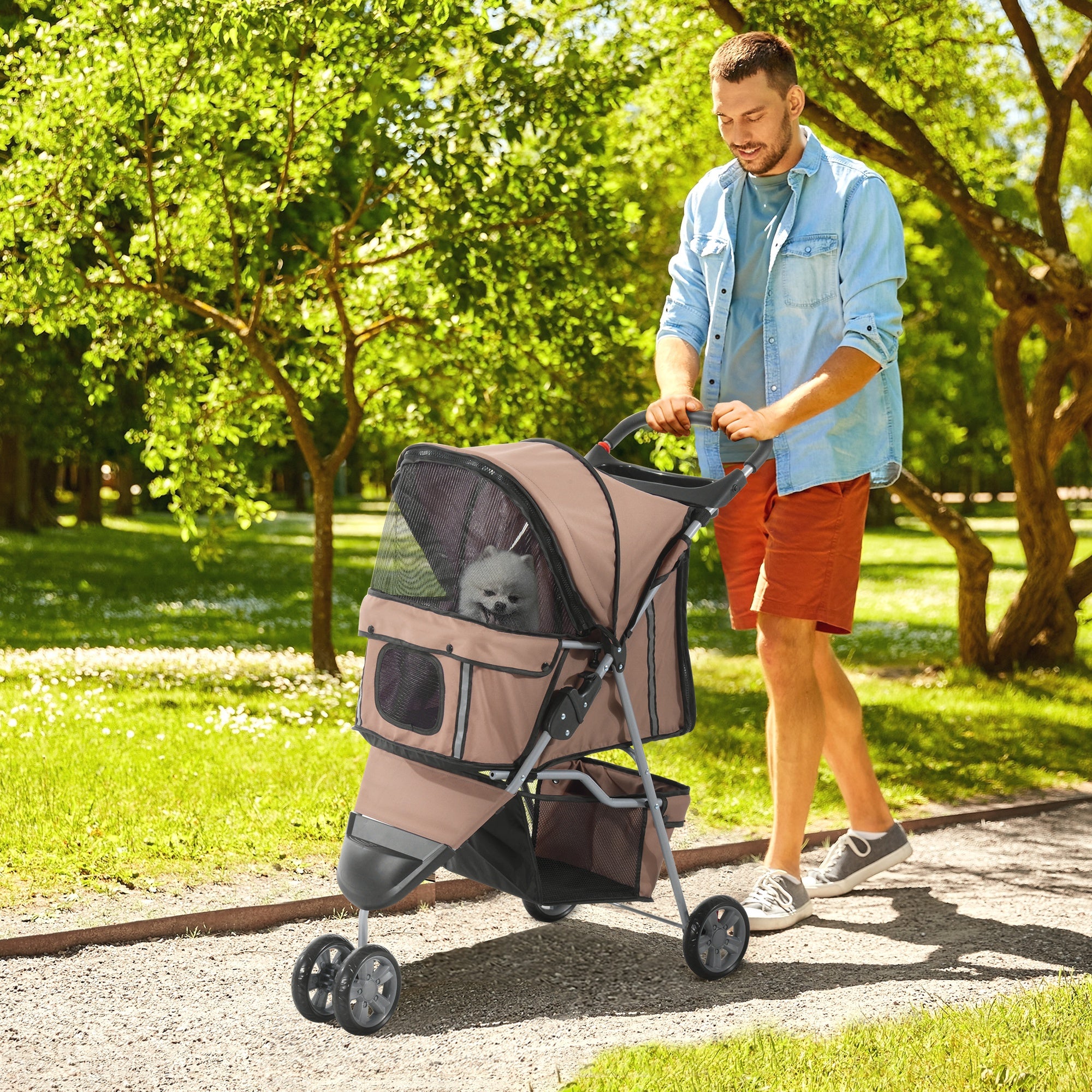 Cat Stroller, 3 Wheels Foldable Dog Stroller with Storage Basket, Brake, Adjustable Canopy, Cupholders, Pet Stroller for Miniature and Small Dogs Travel, Coffee Dog Bike Trailers & Strollers at Gallery Canada