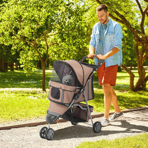 Cat Stroller, 3 Wheels Foldable Dog Stroller with Storage Basket, Brake, Adjustable Canopy, Cupholders, Pet Stroller for Miniature and Small Dogs Travel, Coffee