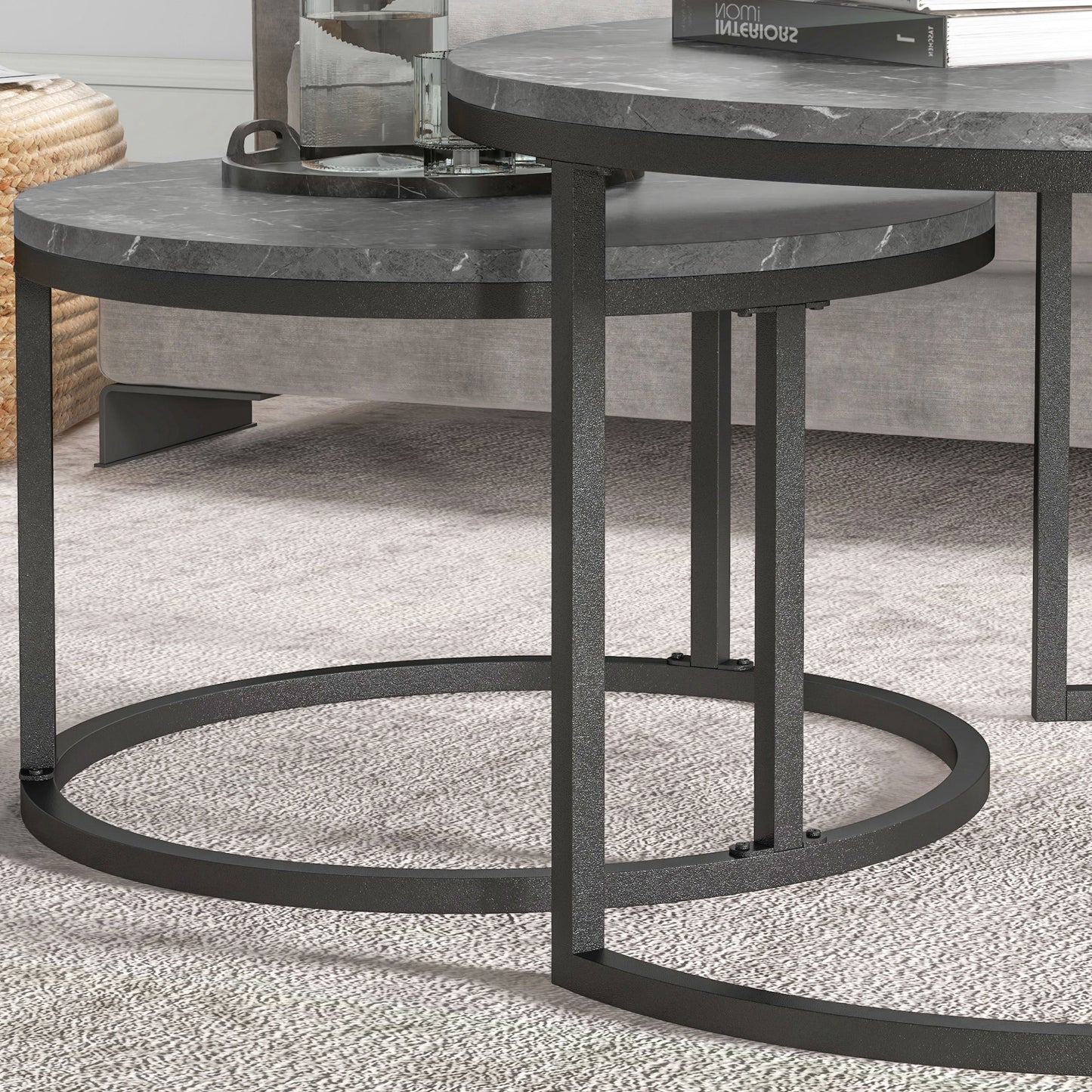 Modern Coffee Table Set of 2, Nesting Side Tables w/ Metal Base for Living Room Bedroom Office Faux Marbled Grey Coffee Tables   at Gallery Canada