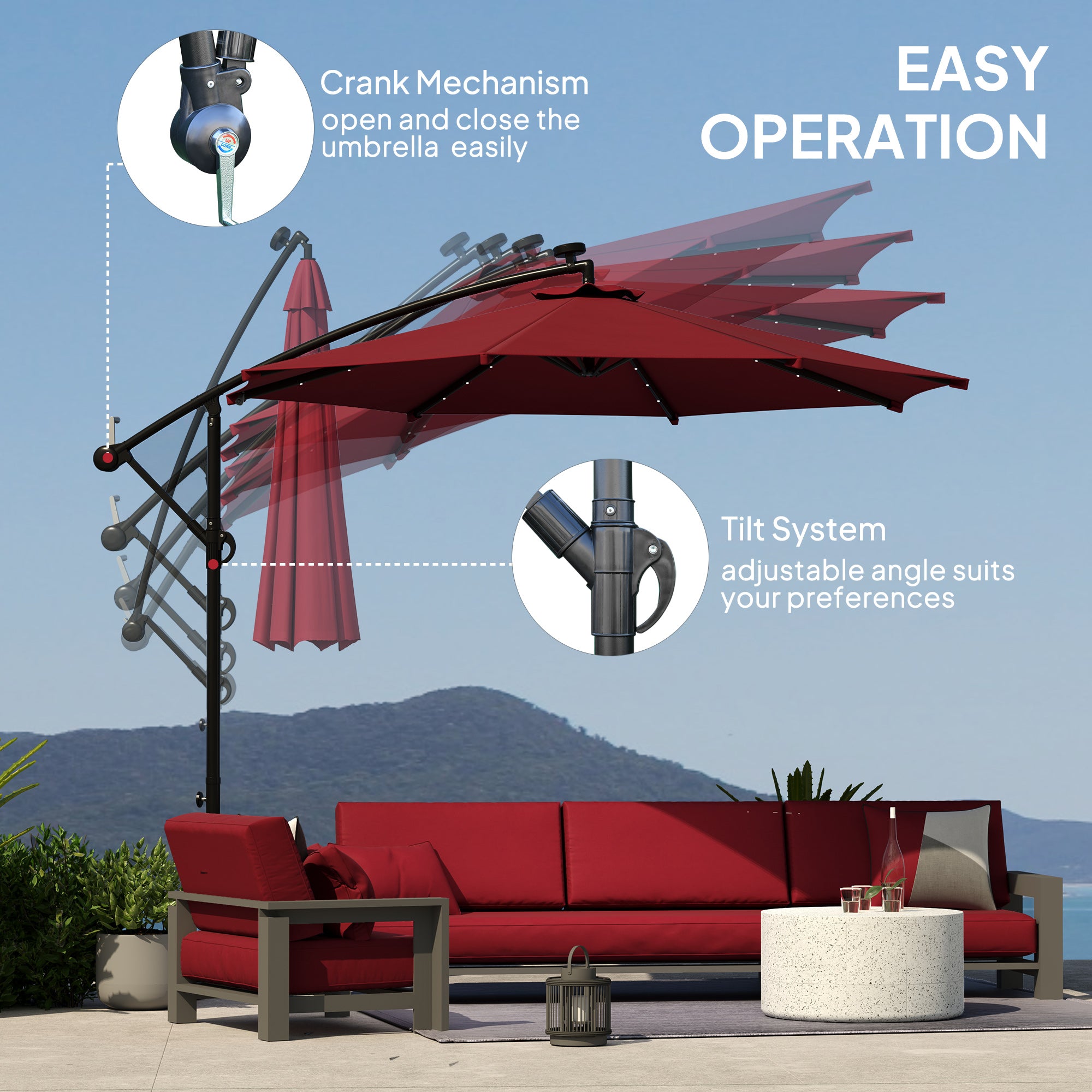 10ft Outdoor Cantilever Umbrella Banana Umbrella with Solar Lights and Adjustable Angle for Patio Backyard Wine Red Offset Cantilever Umbrellas at Gallery Canada