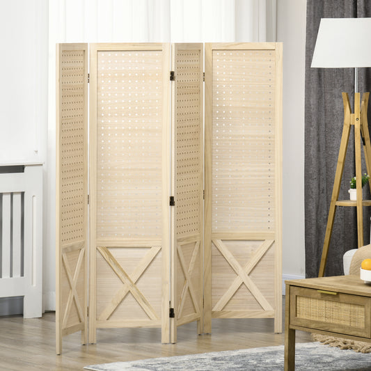 4.7' 4 Panel Wooden Room Divider with Pegboard Display, Folding Privacy Screen for Home Office, Natural Room Dividers at Gallery Canada