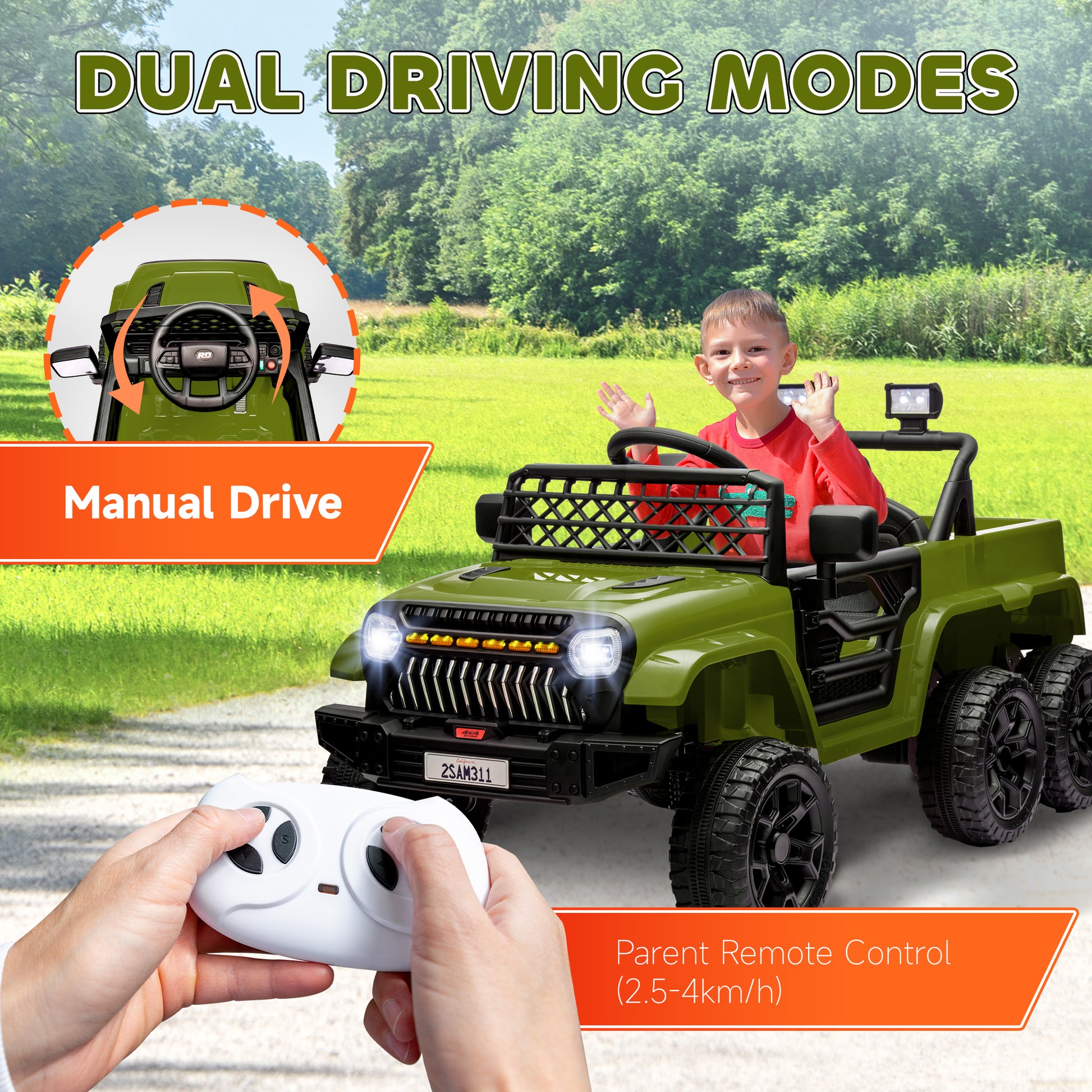 12V 4WD/2WD Kids Electric Car w/ Remote Control, Spring Suspension, Back Trailer, Light, Music, Soft Start, Dark Green Electric Toy Cars   at Gallery Canada