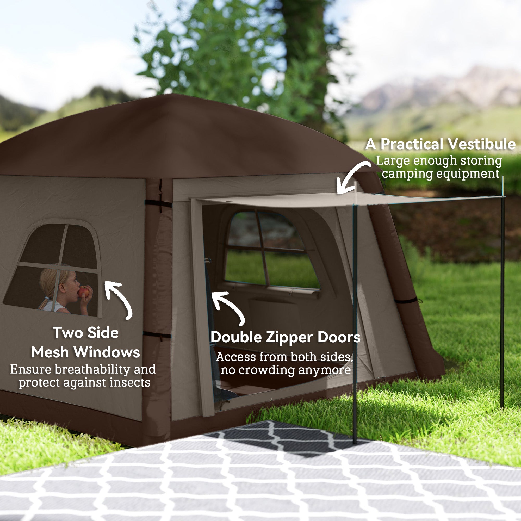 Inflatable Camping Tent, 1/2 Person Glamping Tent with Hand Pump, Blow Up Tent with Doors, Carry Bag, Khaki and Brown Camping Tents at Gallery Canada