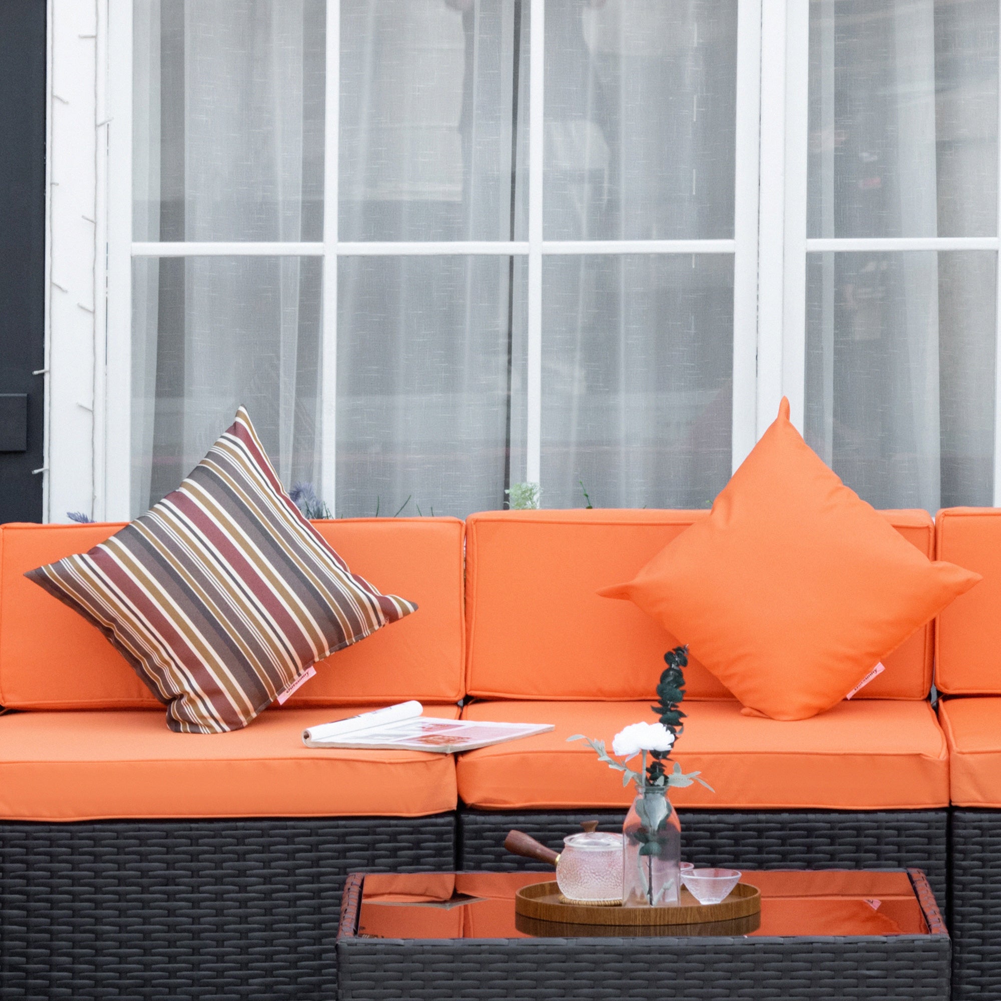 7pcs Garden Wicker Sectional Set w/ Tea Table Patio Rattan Lounge Sofa with Cushion for Outdoor Deck Orange Patio Furniture Sets at Gallery Canada